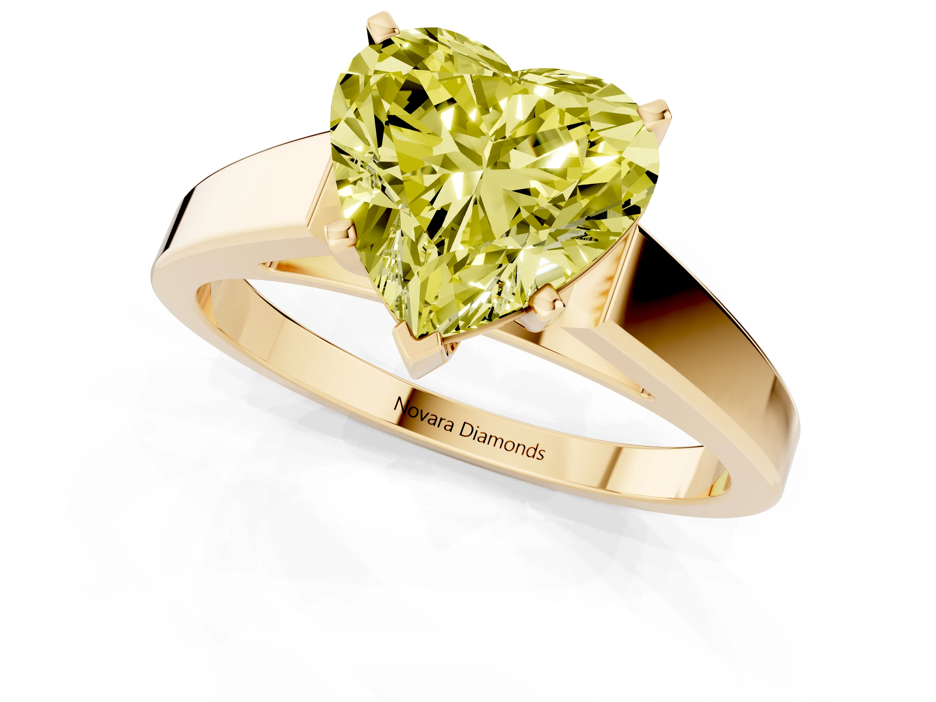 Fancy Yellow Heart Cut Diamond Solitaire Engagement Ring Set in Yellow gold with Prong Setting and Tapered Band