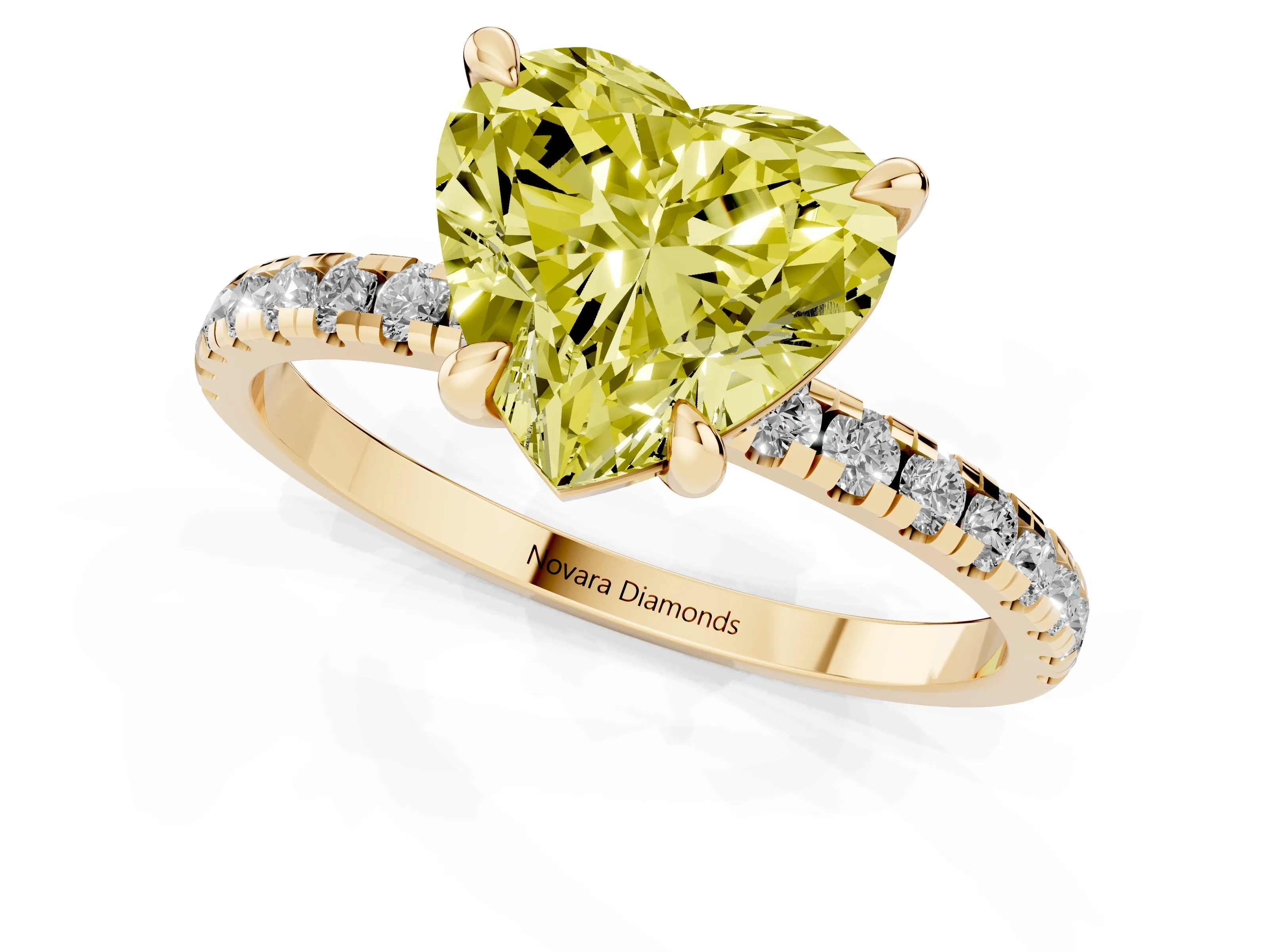 Fancy Yellow Heart Cut Diamond Brilliant Solitaire Ring Set in Yellow gold with Pavé Band and Prong Setting