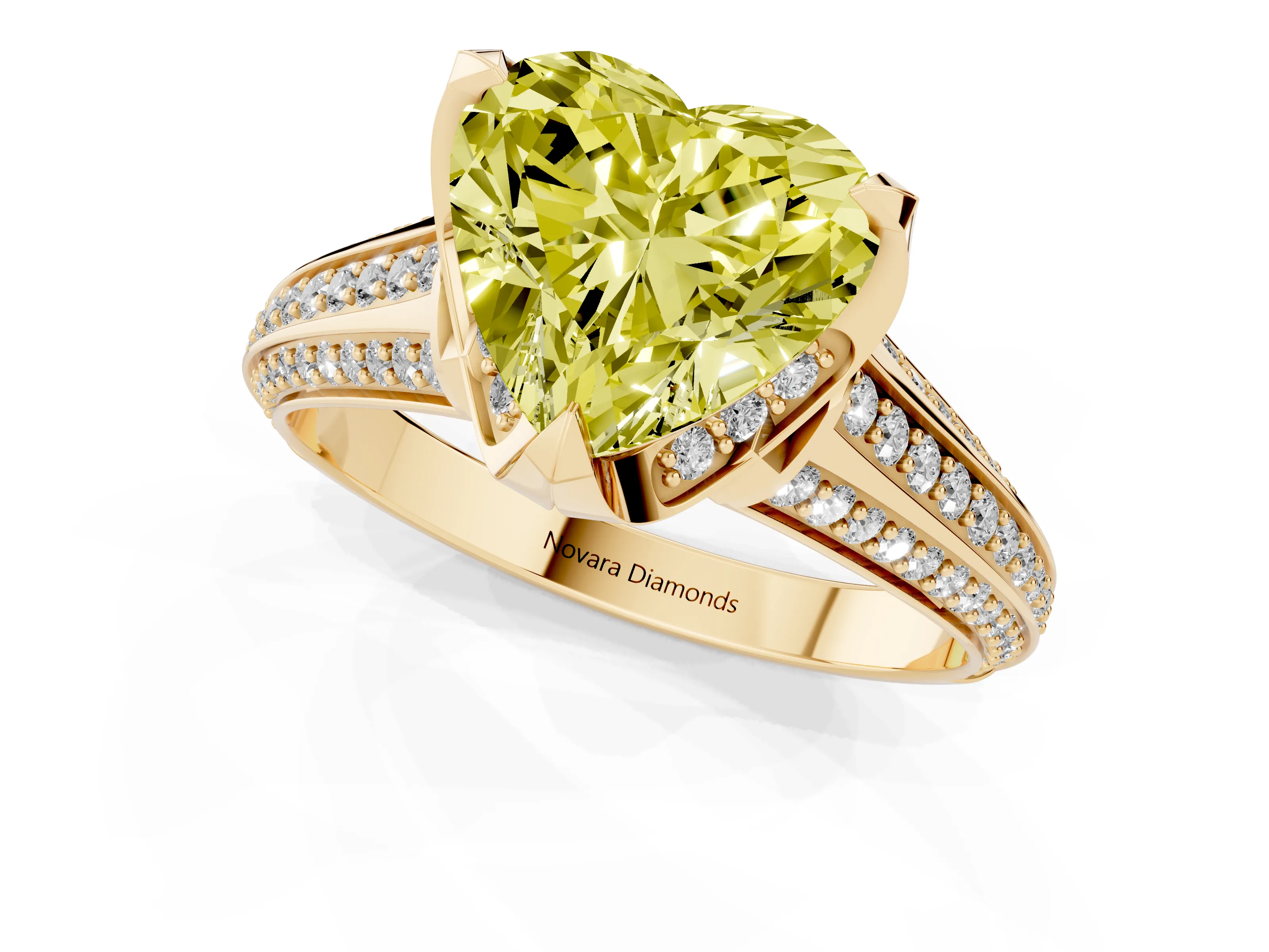 Fancy Yellow Heart Cut Diamond Pavé Split Shank Solitaire Ring Set in Yellow gold with Prong Setting