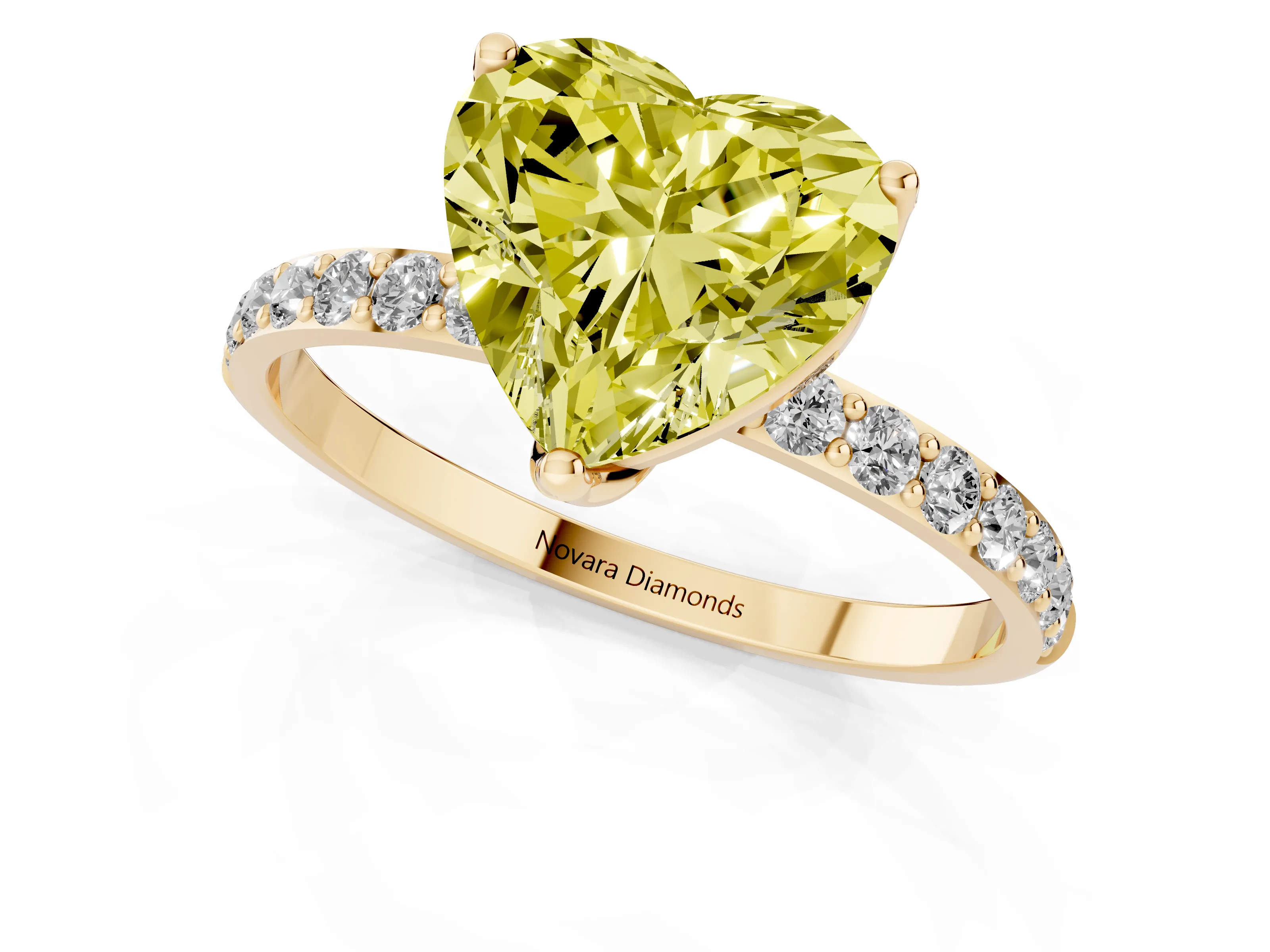 Fancy Yellow Heart Cut Diamond Solitaire Engagement Ring Set in Yellow gold with Round Pavé Band and Prong Setting