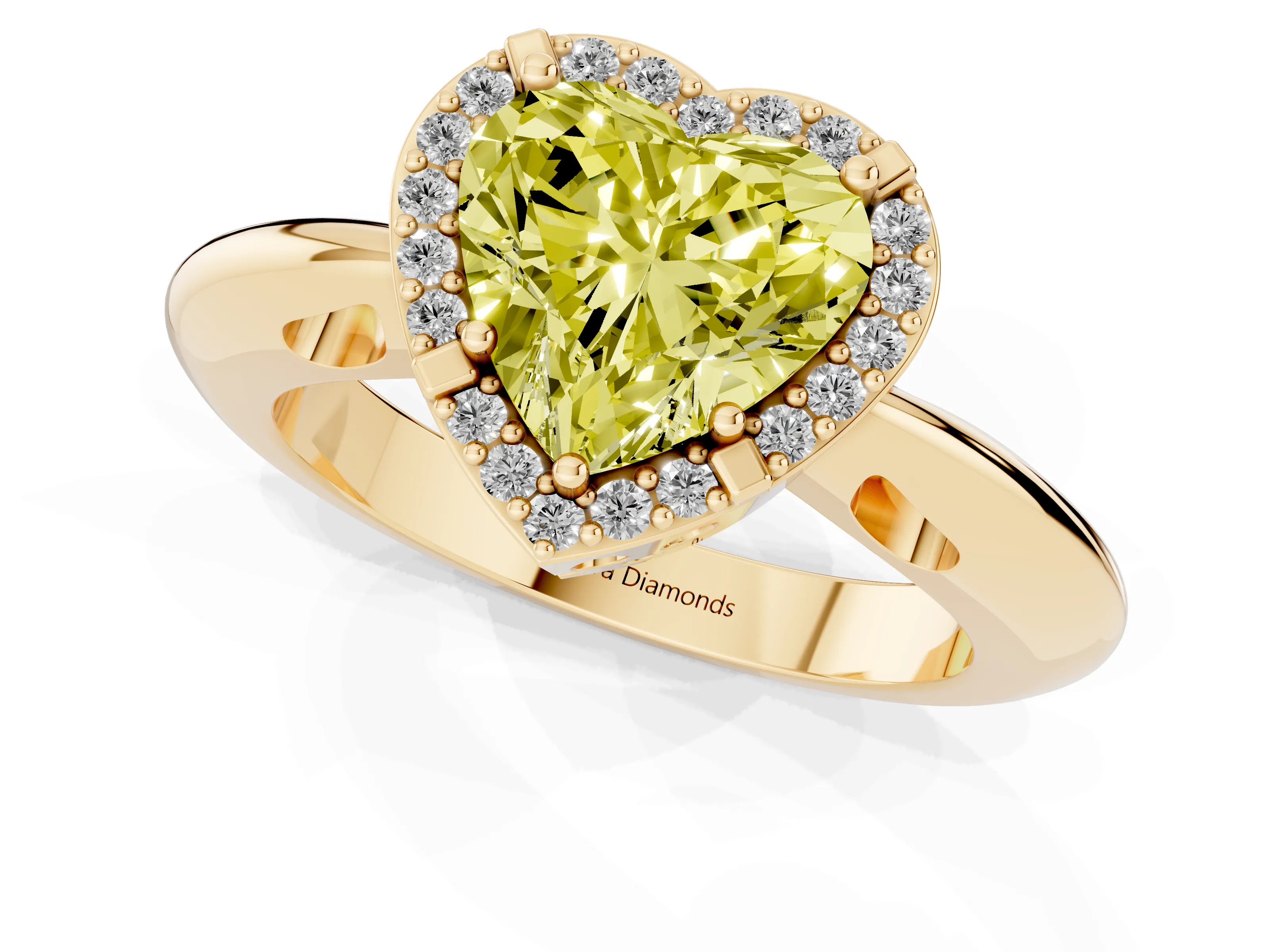 Fancy Yellow Heart Cut Diamond Halo Engagement Ring Set in Yellow gold with Plain Split Shank and Prong Setting