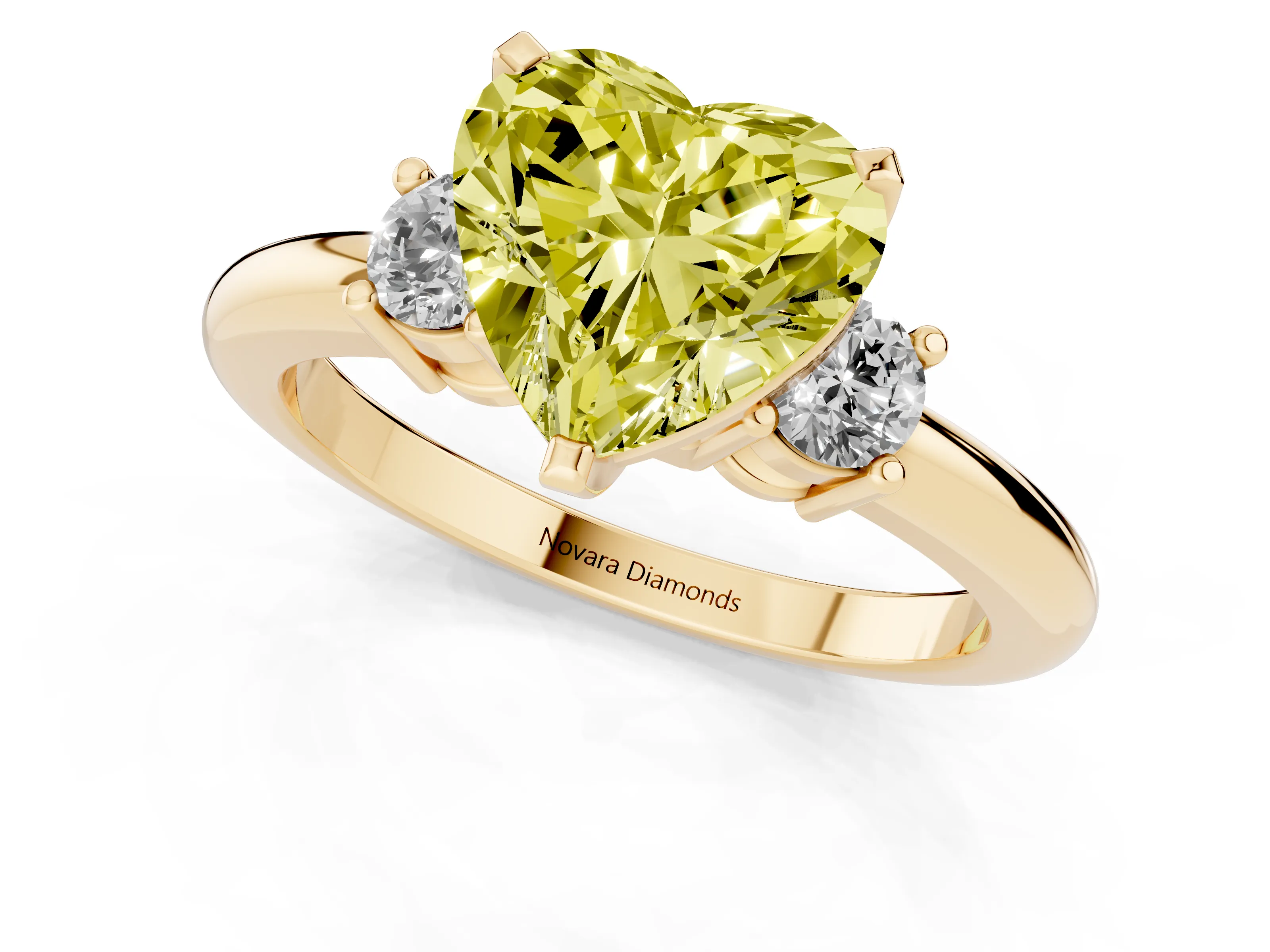 Fancy Yellow Three-Stone Heart Cut Diamond Ring Set in Yellow gold with Prong Setting and Plain Band