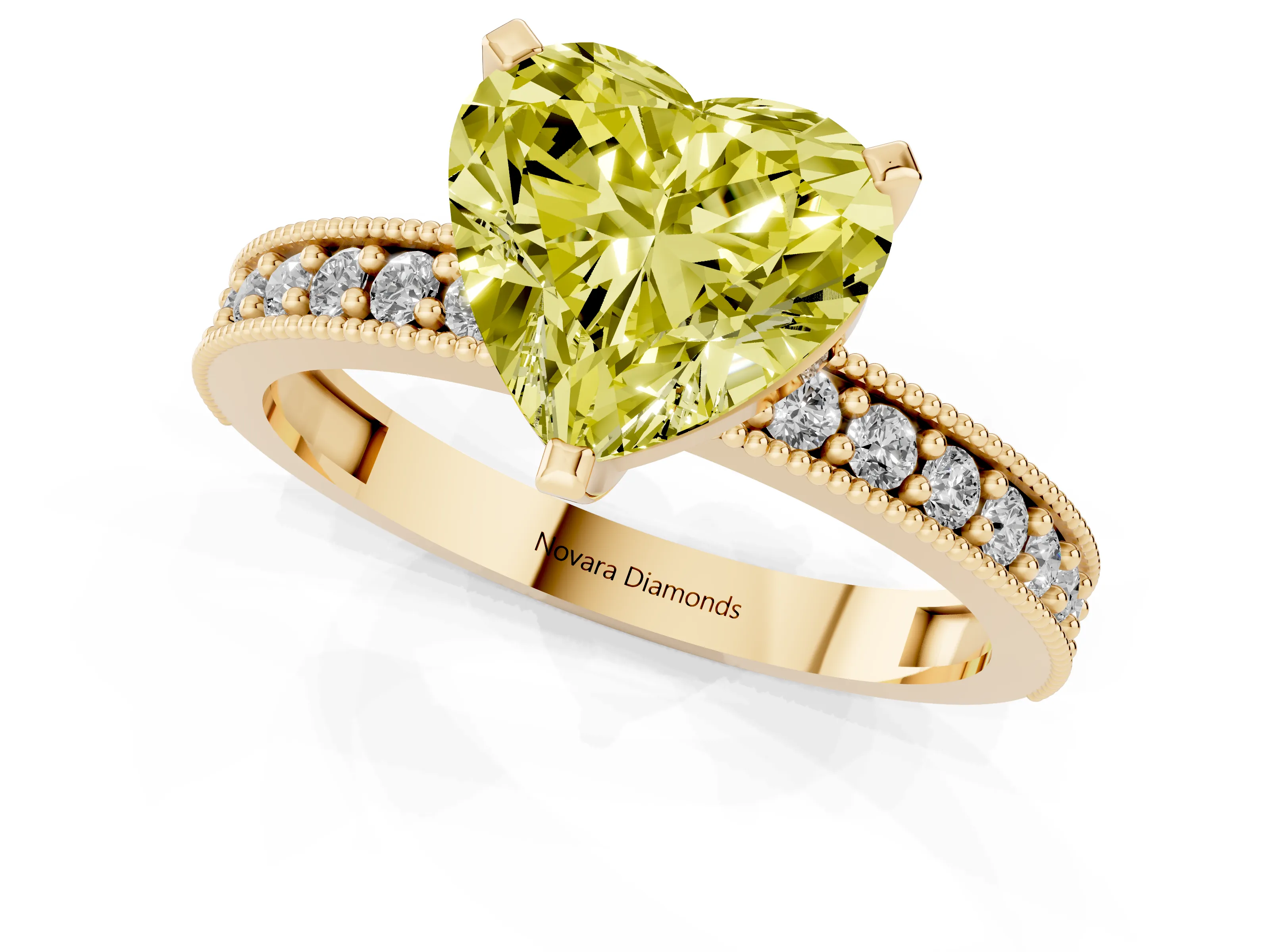 Fancy Yellow Heart Cut Diamond Milgrain Pavé Engagement Ring Set in Yellow gold with Prong Setting