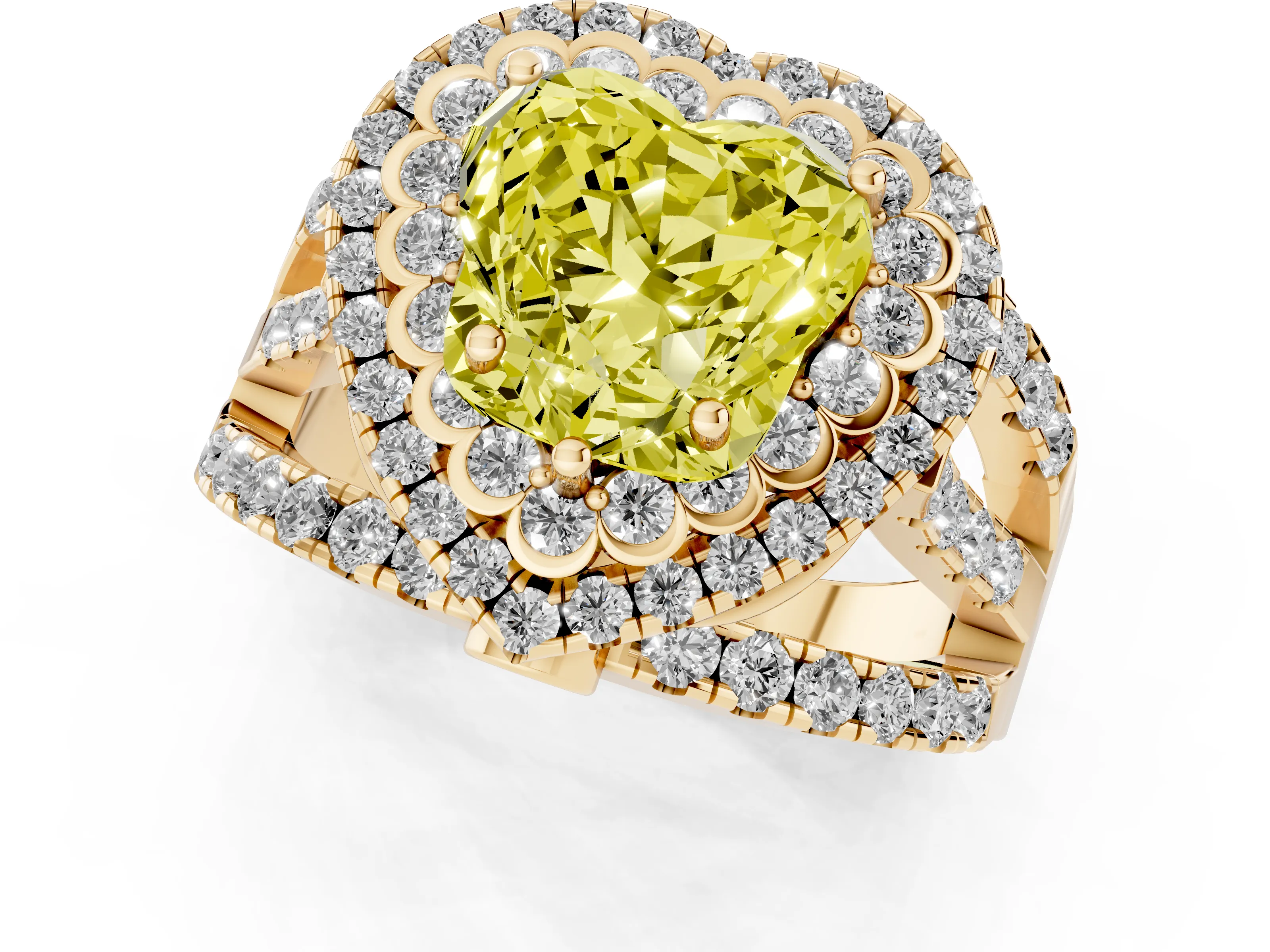 Fancy Yellow Heart Cut Diamond Double Halo Ring Set in Yellow gold with Round Pavé Split Shank