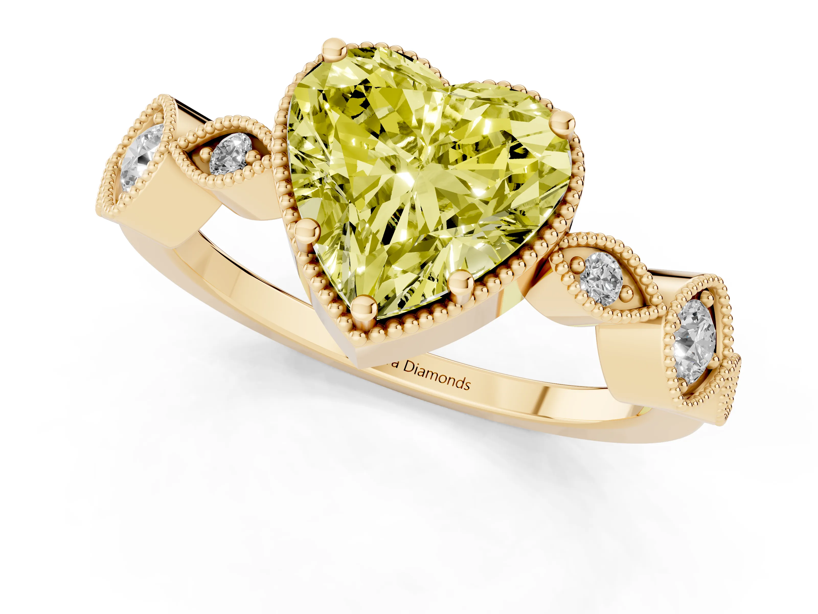 Fancy Yellow Heart Cut Diamond Vintage-Inspired Milgrain Ring Set in Yellow gold with Marquise Stations of Round Accents