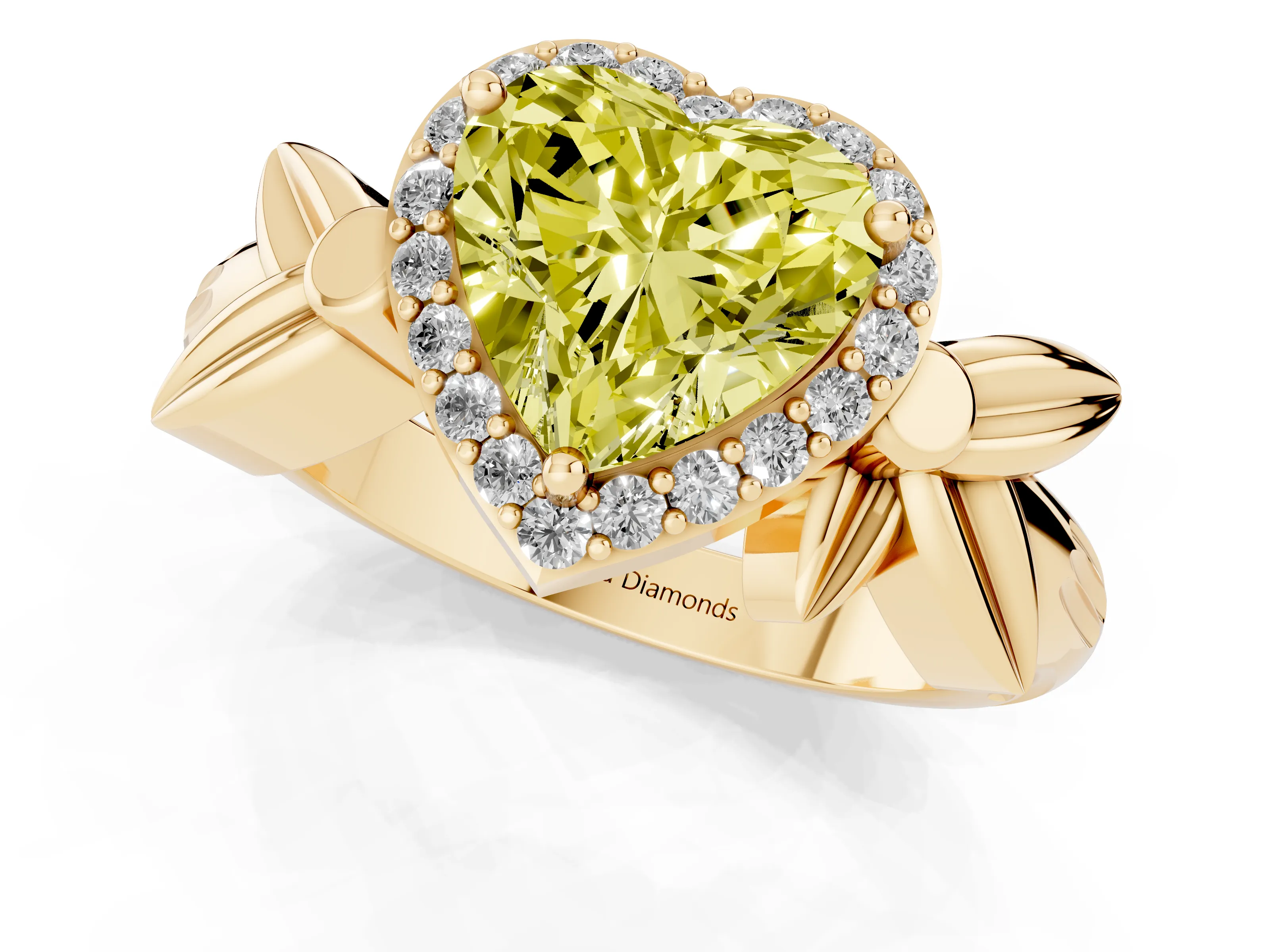 Fancy Yellow Heart Cut Diamond Halo Floral Band Ring Set in Yellow gold with Prong Setting