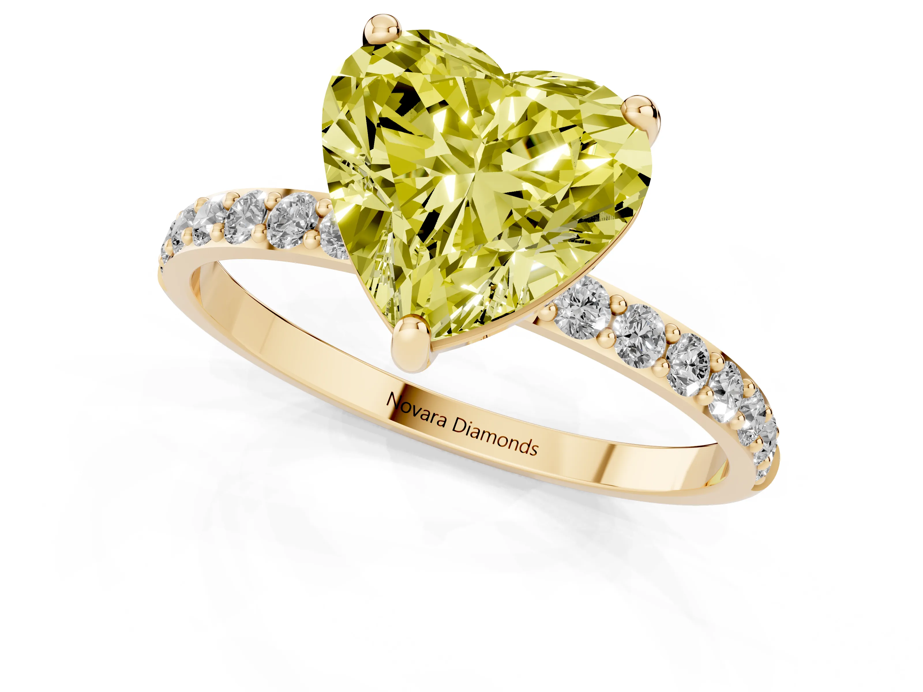 Fancy Yellow Heart Cut Diamond Solitaire Ring Set in Yellow gold with Round Pavé Band and Prong Setting