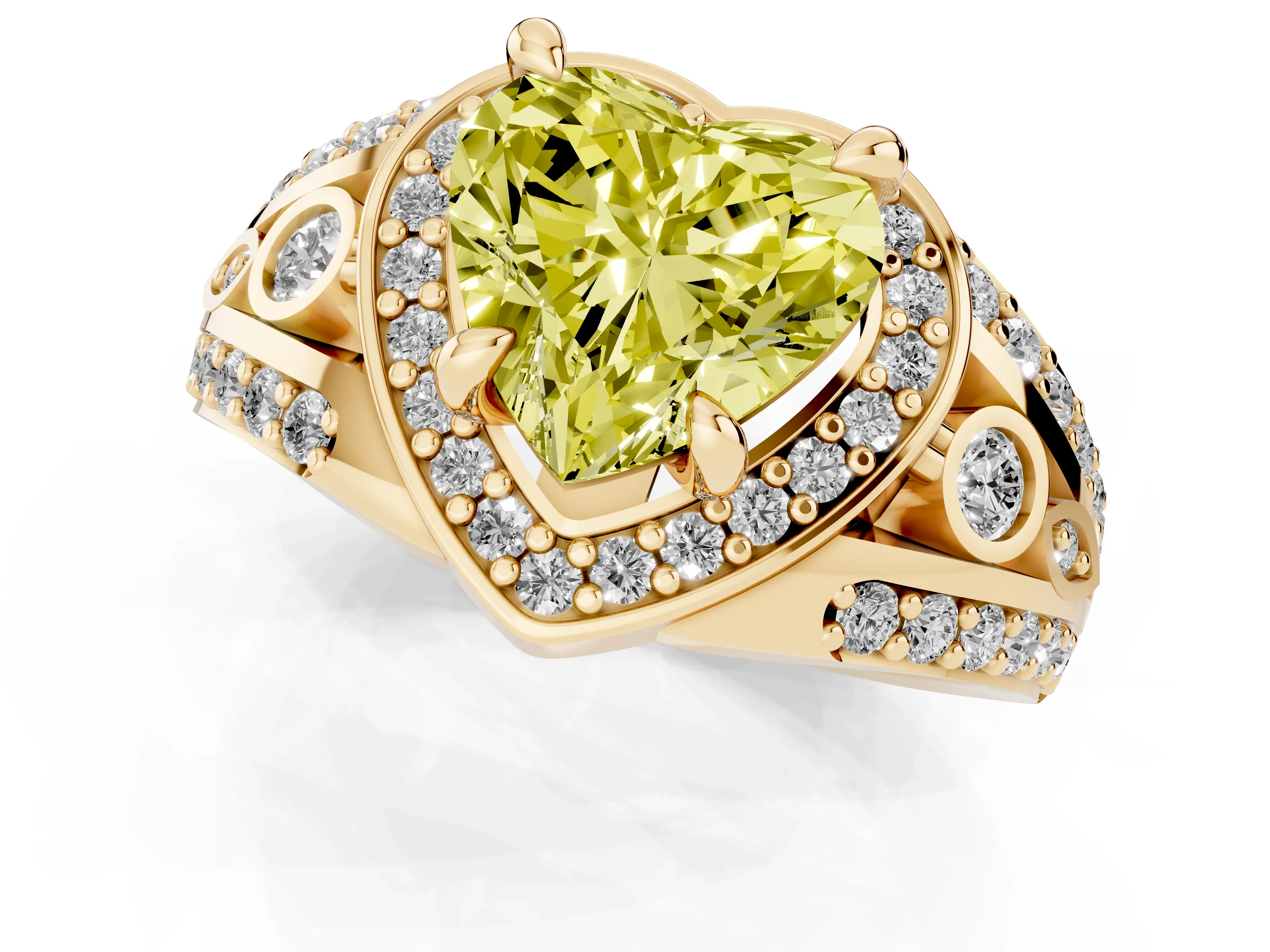 Fancy Yellow Heart Cut Diamond Halo Ring Set in Yellow gold with Pavé Split Shank and Bezel Accents