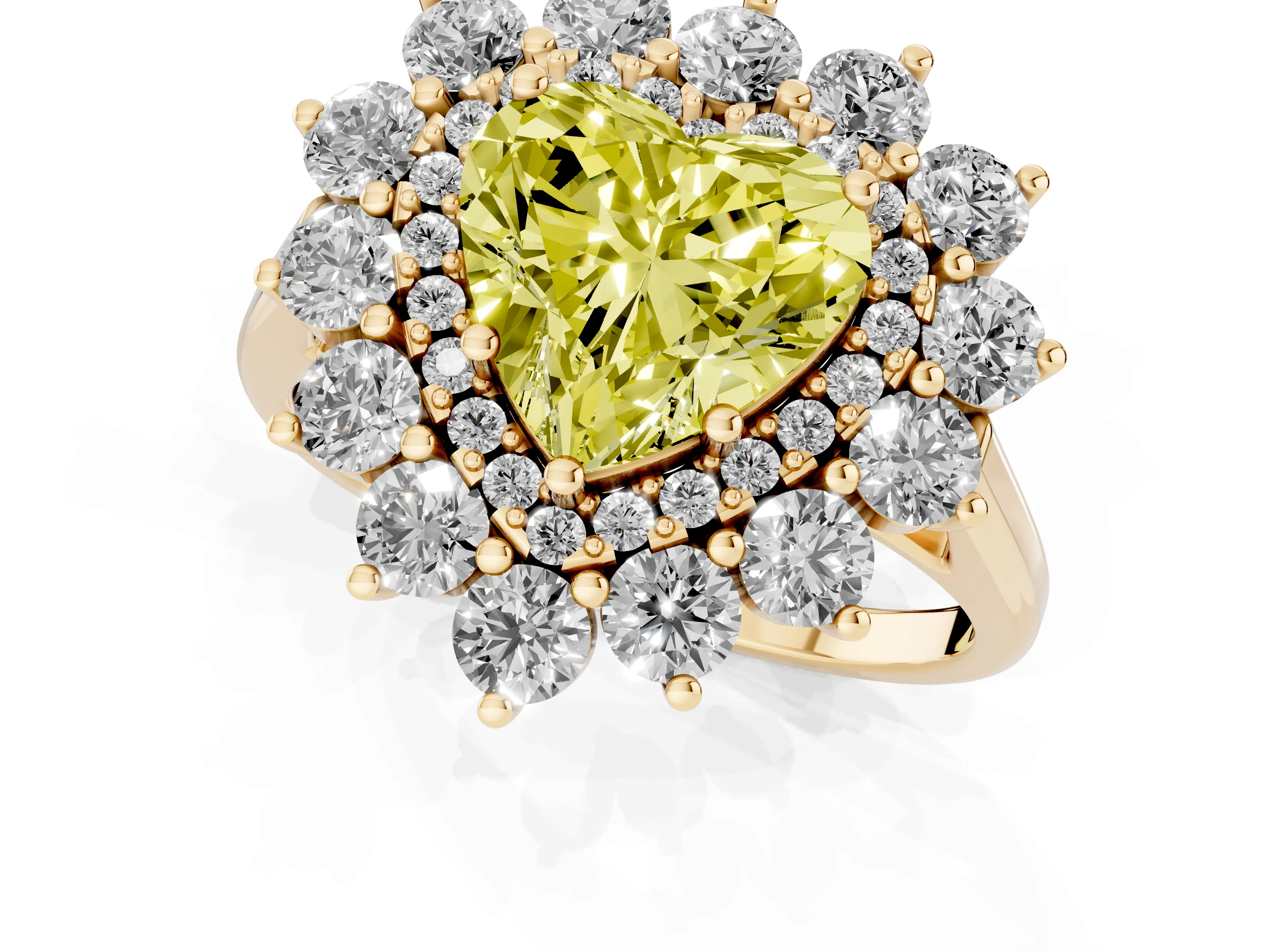 Fancy Yellow Heart Cut Diamond Floral Double Halo Ring Set in Yellow gold with Round Petals