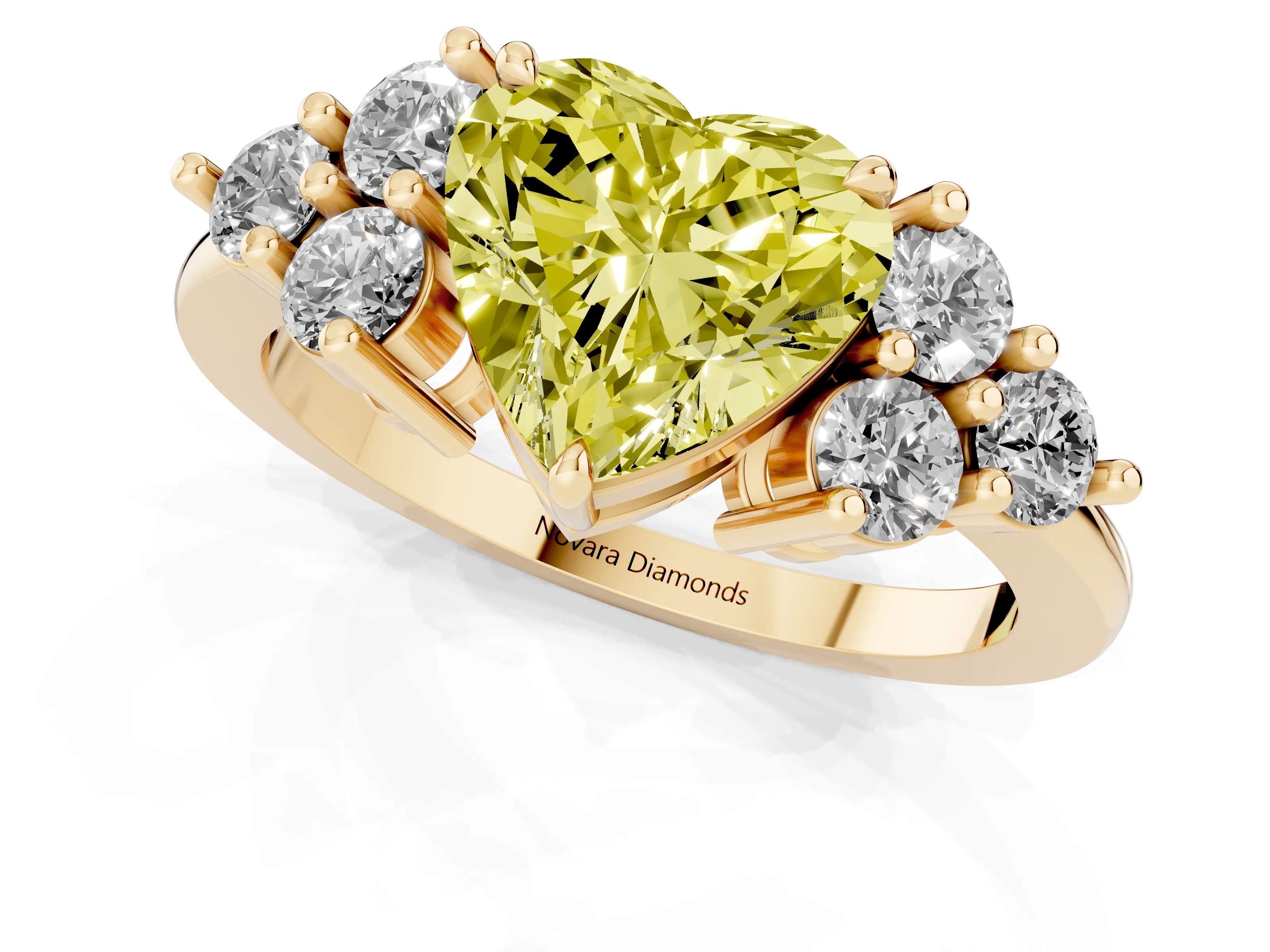 Fancy Yellow Heart Cut Diamond Solitaire Ring Set in Yellow gold with Cluster Accents on Each Side