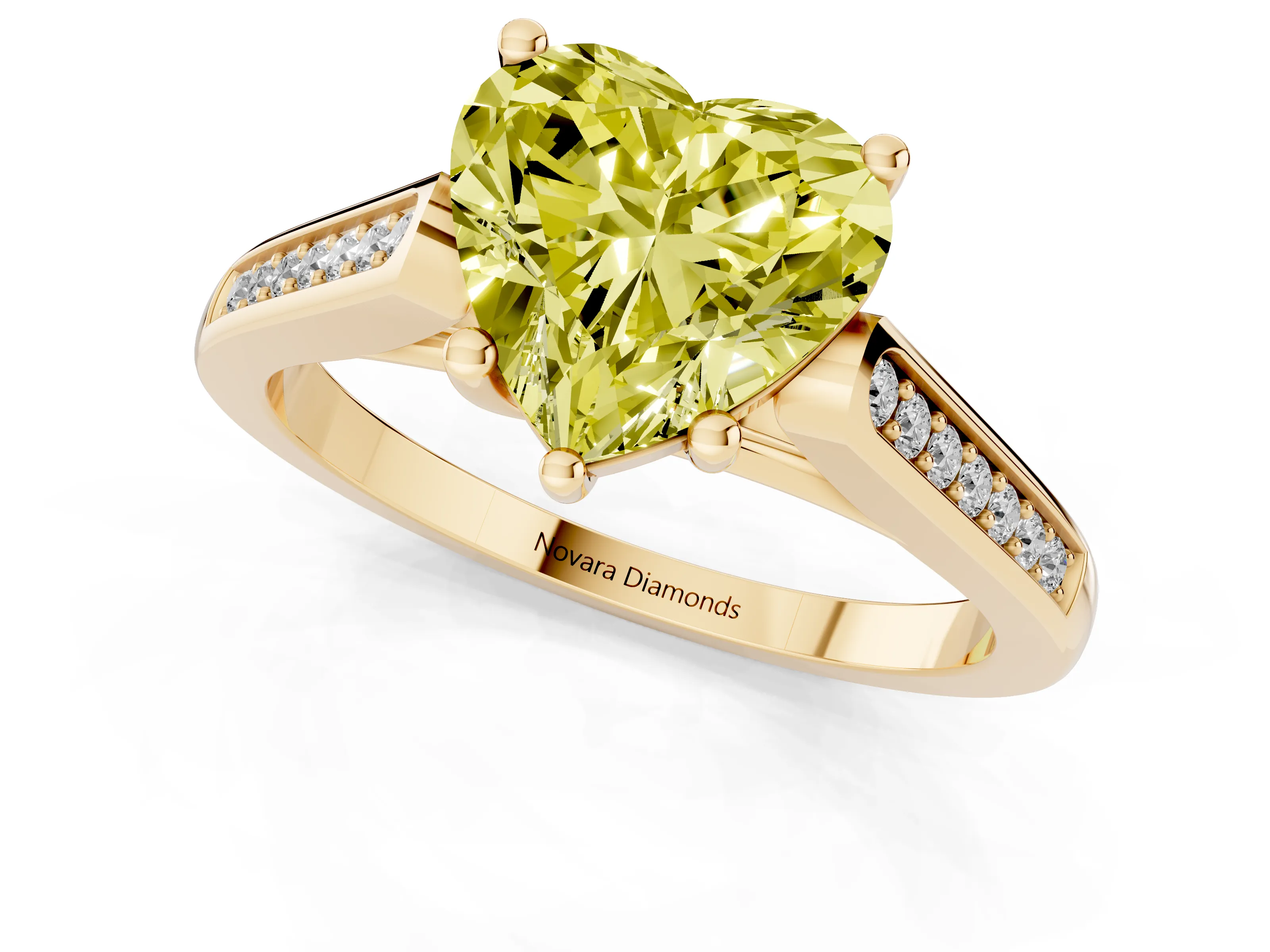 Fancy Yellow Heart Cut Diamond Solitaire Cathedral Engagement Ring Set in Yellow gold with Channel-Set Band and Prong Setting