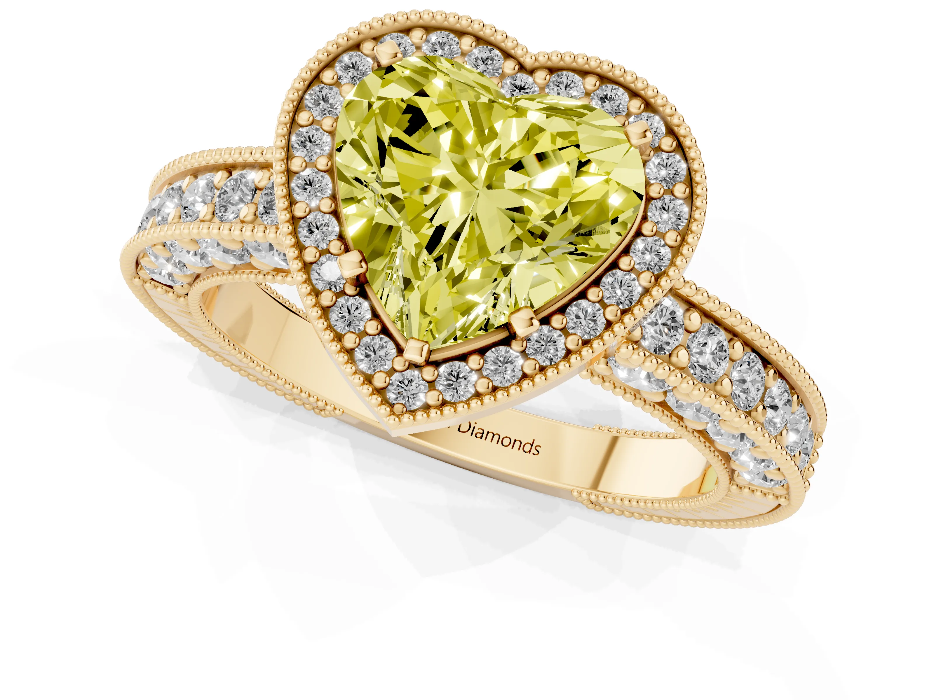 Fancy Yellow Heart Cut Diamond Halo Pavé Band Ring Set in Yellow gold with Prong-Set Center