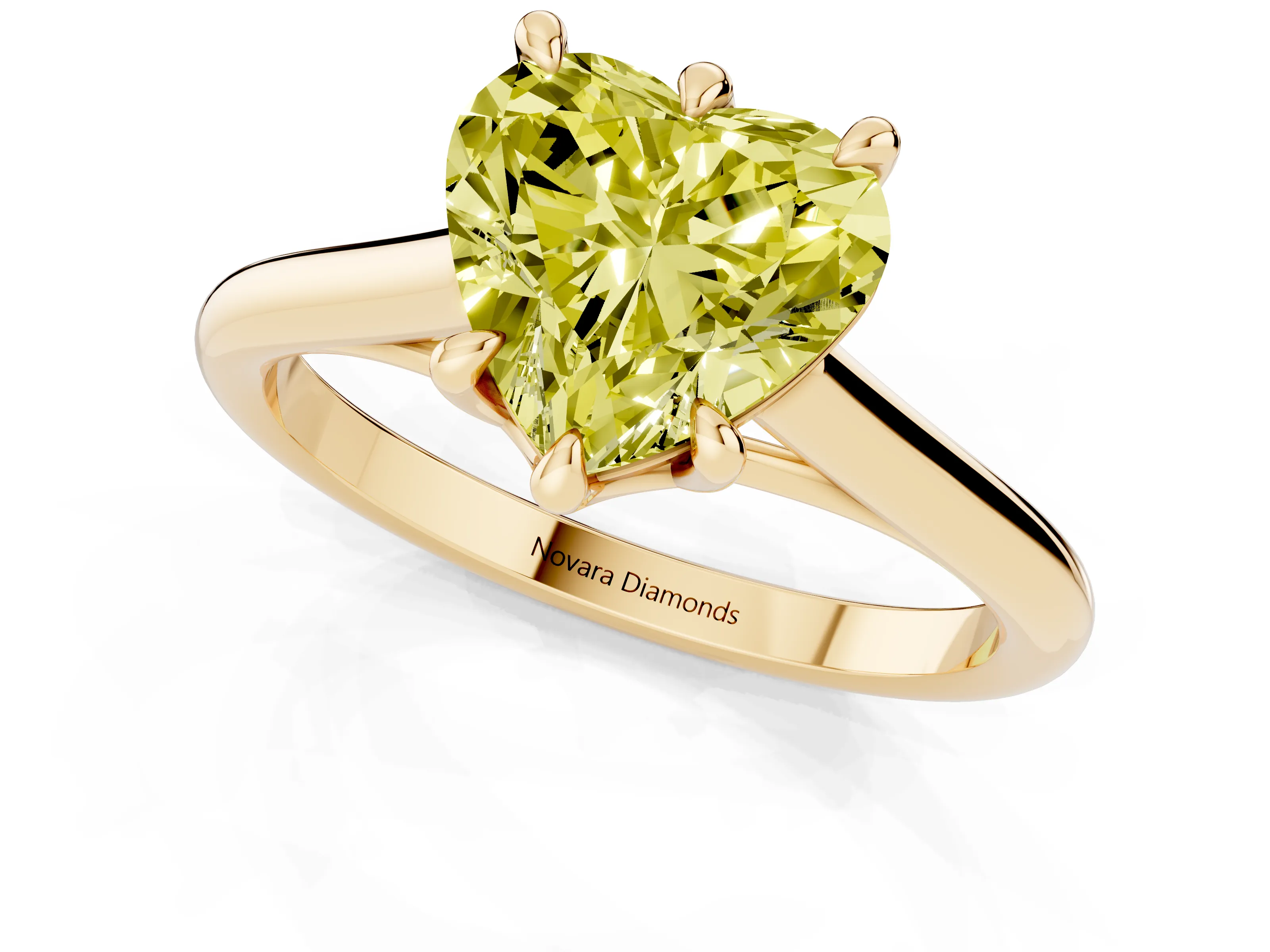 Fancy Yellow Heart Cut Diamond Solitaire Engagement Ring Set in Yellow gold with Prong Setting and Plain Classic Band