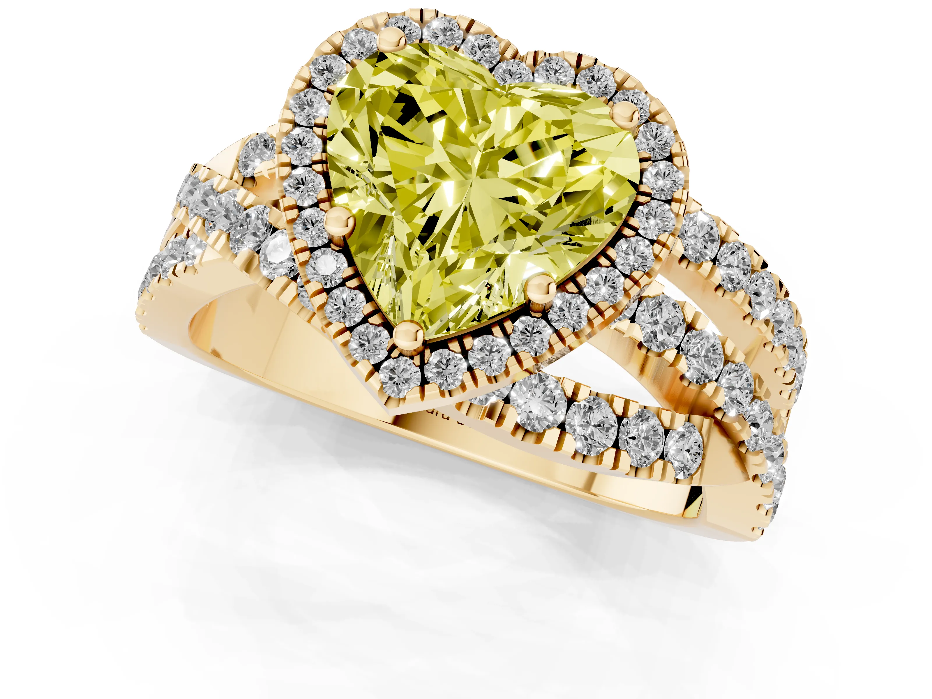 Fancy Yellow Heart Cut Diamond Halo Ring Set in Yellow gold with Round Crossover Split Shank and Prong Setting