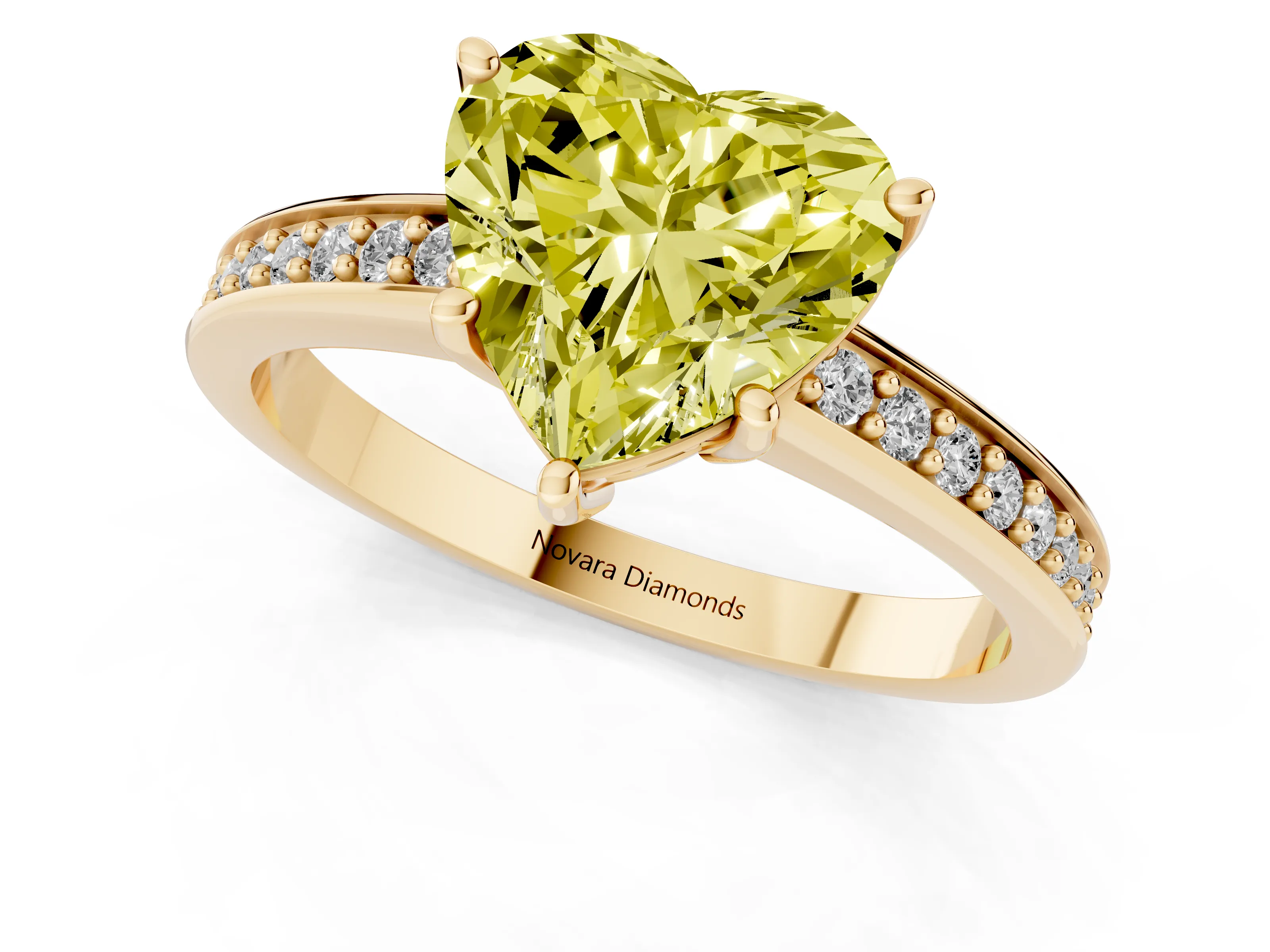 Fancy Yellow Heart Cut Diamond Pavé Band Prong Set Solitaire Ring Set in Yellow gold