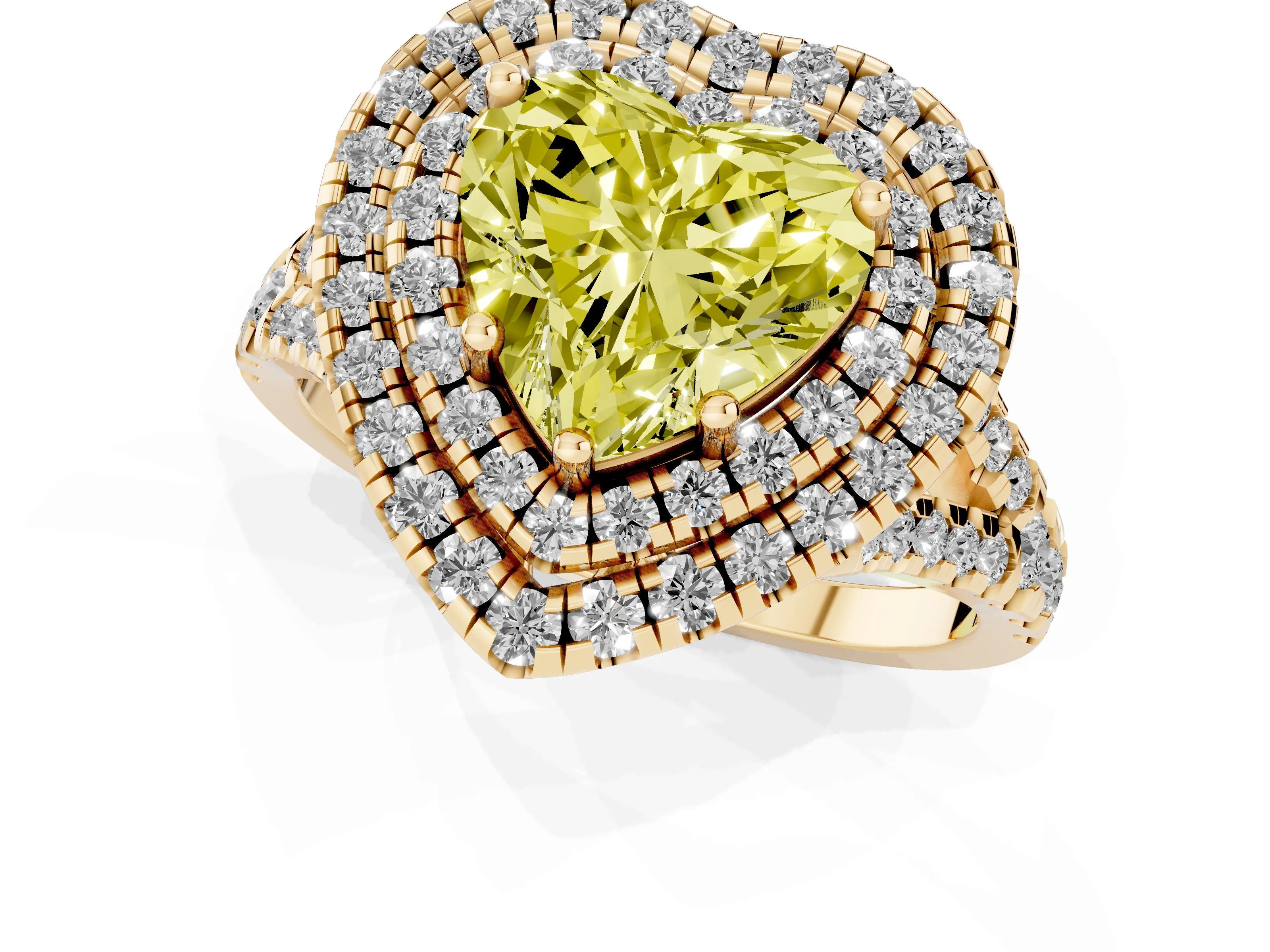 Fancy Yellow Heart Cut Diamond Double Halo Ring Set in Yellow gold with Pavé Split Shank and Prong Setting