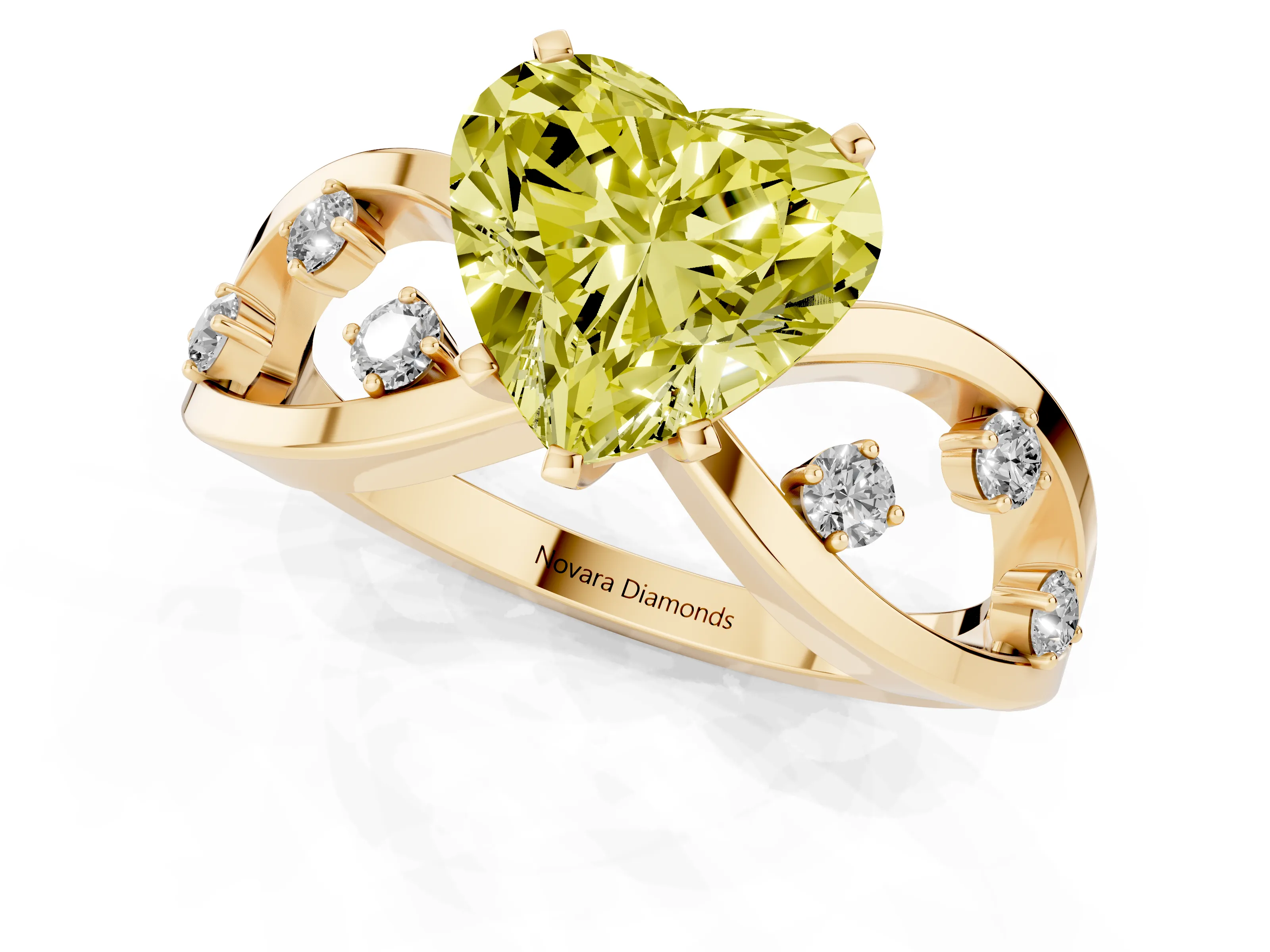 Fancy Yellow Heart Cut Diamond Solitaire Ring Set in Yellow gold with Side Stones on Criss-Cross Band and Prong Setting