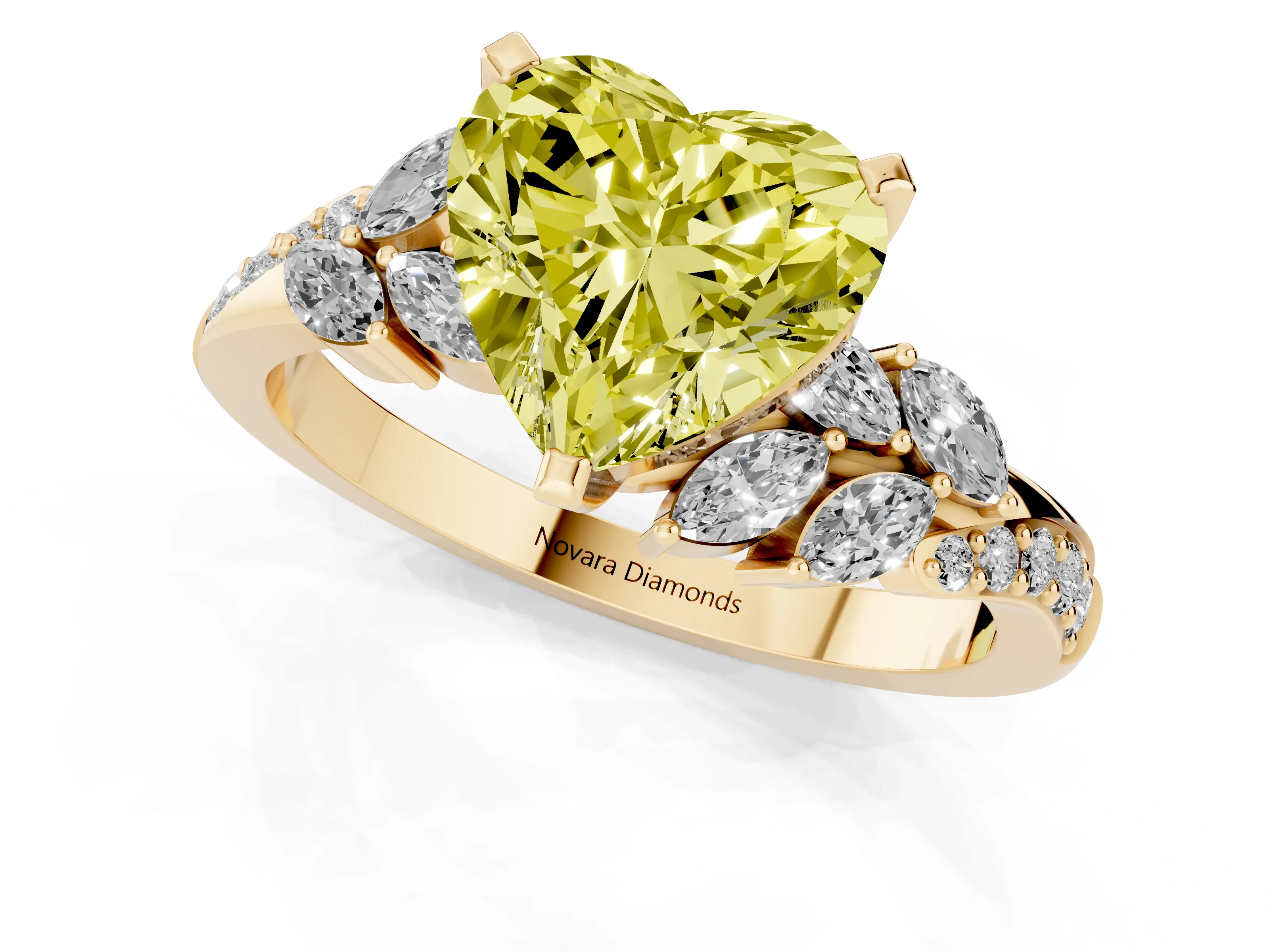 Fancy Yellow Heart Cut Diamond Solitaire Ring Set in Yellow gold with Marquise Twist Band and Prong Setting