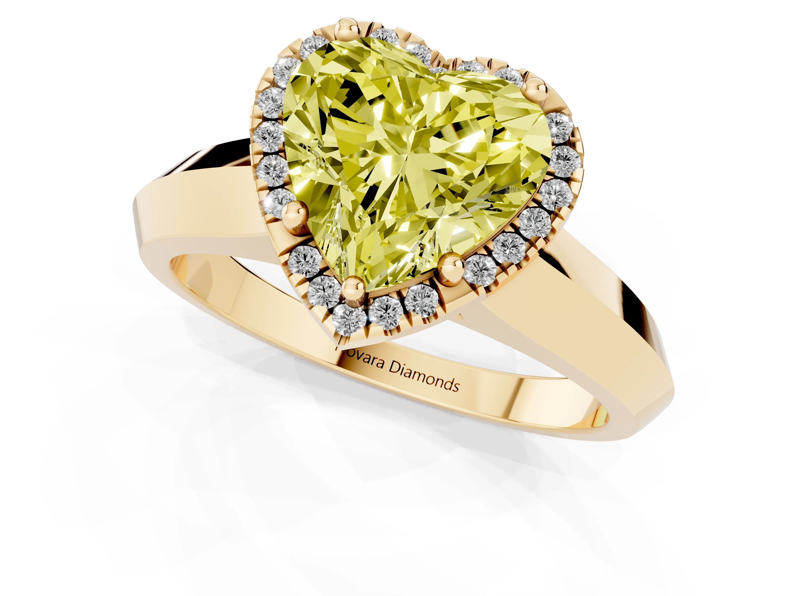 Fancy Yellow Heart Cut Diamond Halo Ring Set in Yellow gold with Cathedral Band and Prong Setting