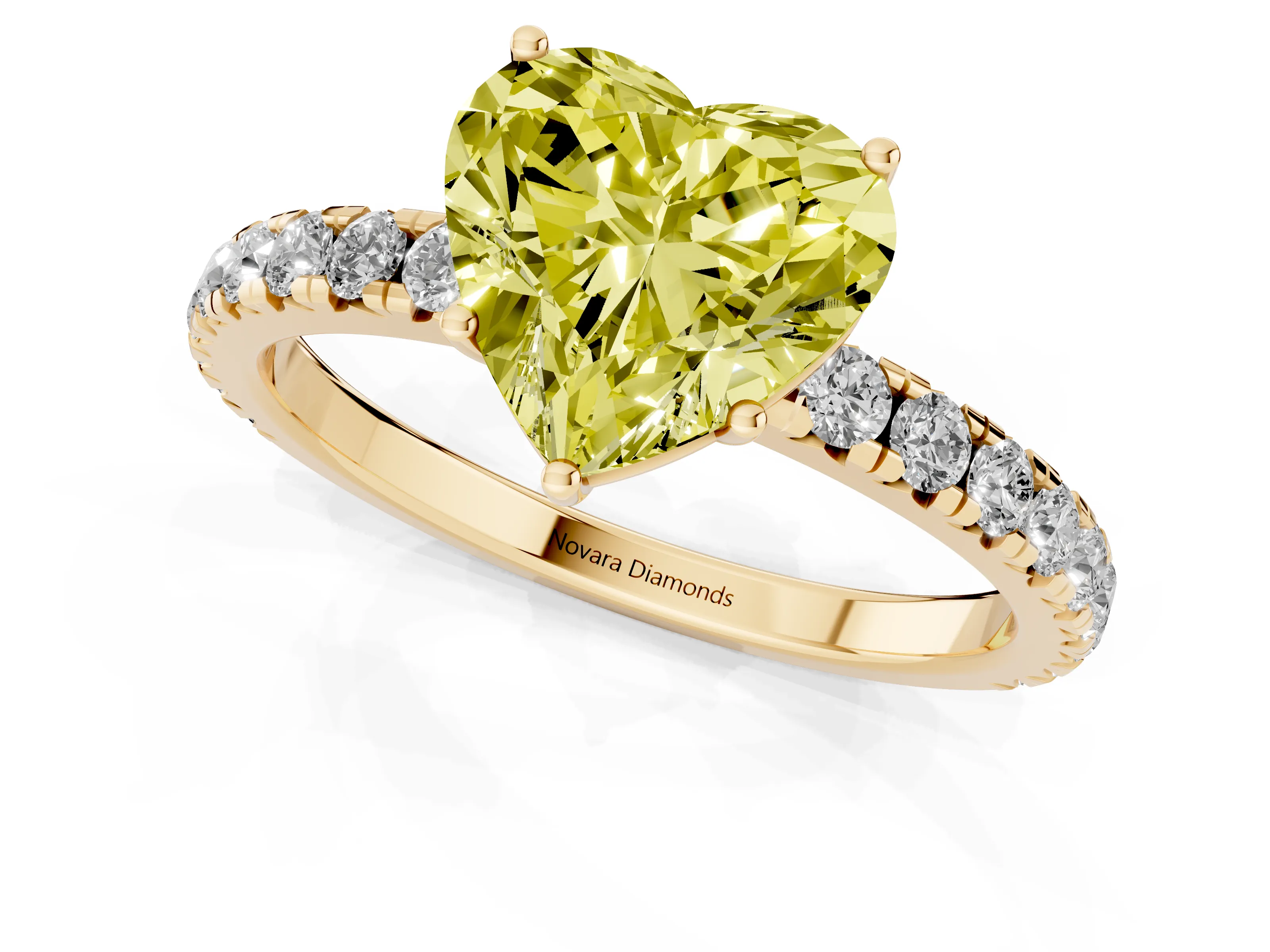 Fancy Yellow Heart Cut Diamond Pavé Solitaire Engagement Ring Set in Yellow gold with Prong Setting