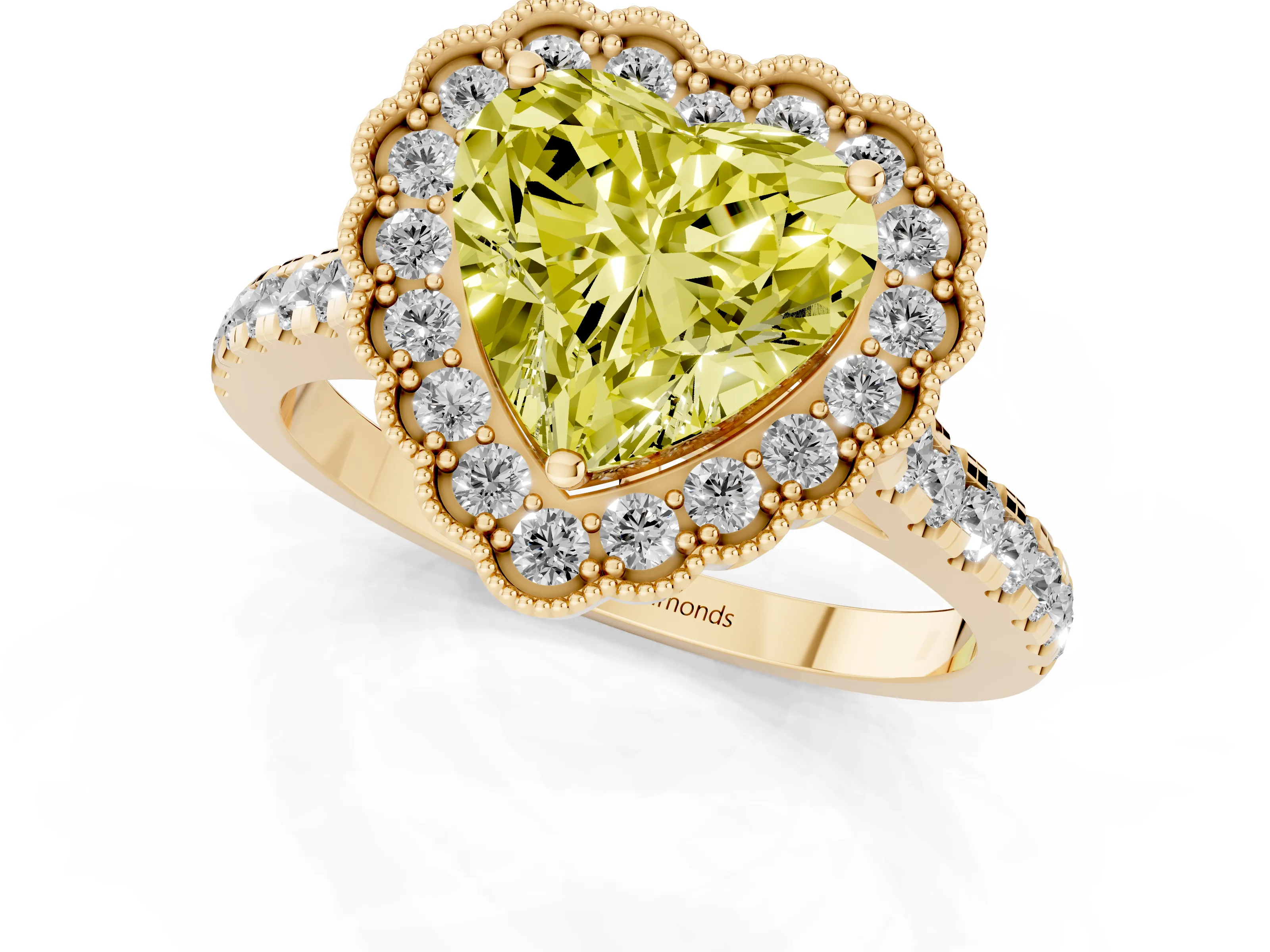 Fancy Yellow Heart Cut Diamond Milgrain Floral Halo Engagement Ring Set in Yellow gold with Pavé Band