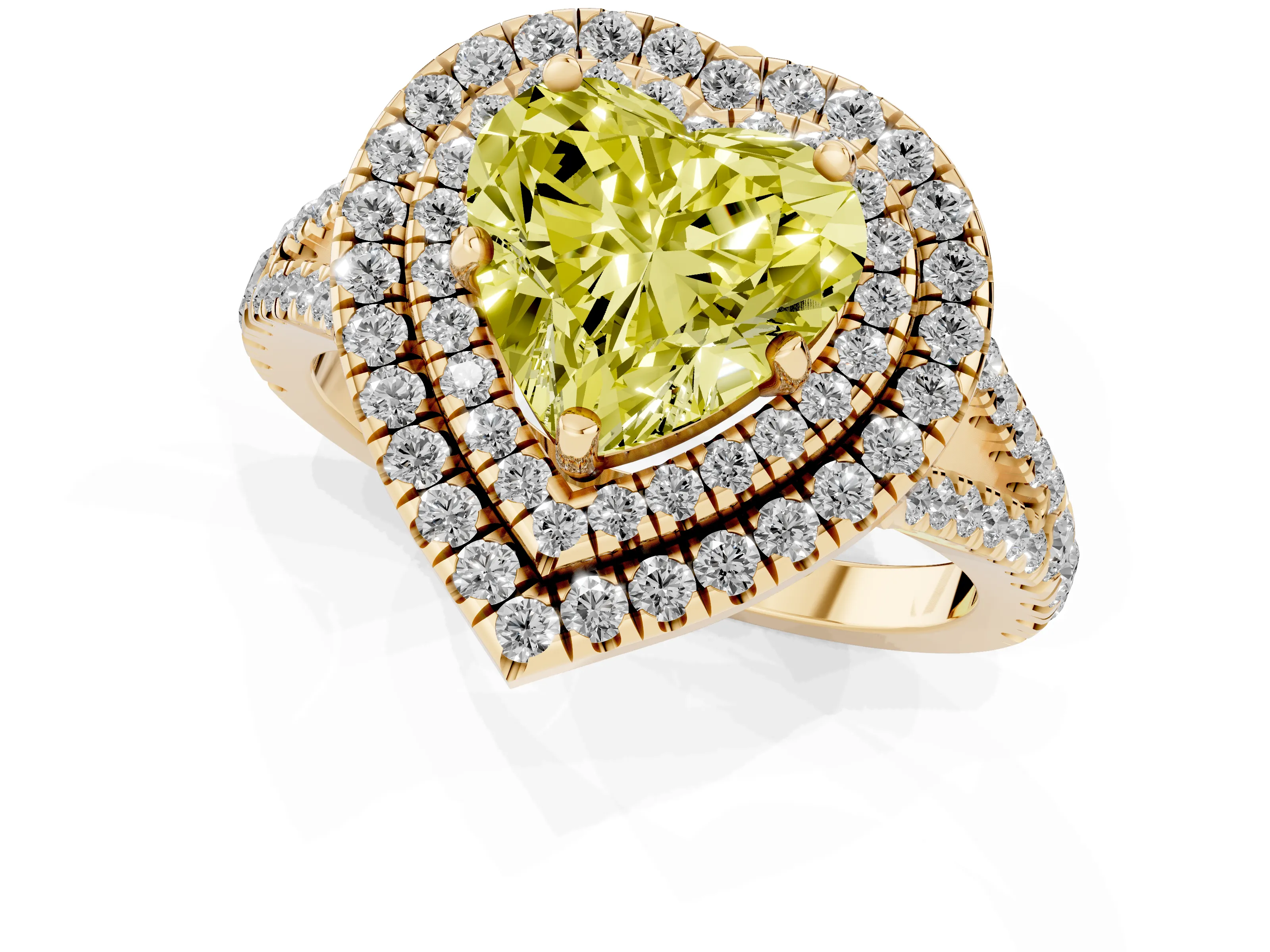Fancy Yellow Heart Cut Diamond Double Halo Ring Set in Yellow gold with Pavé Band – second view