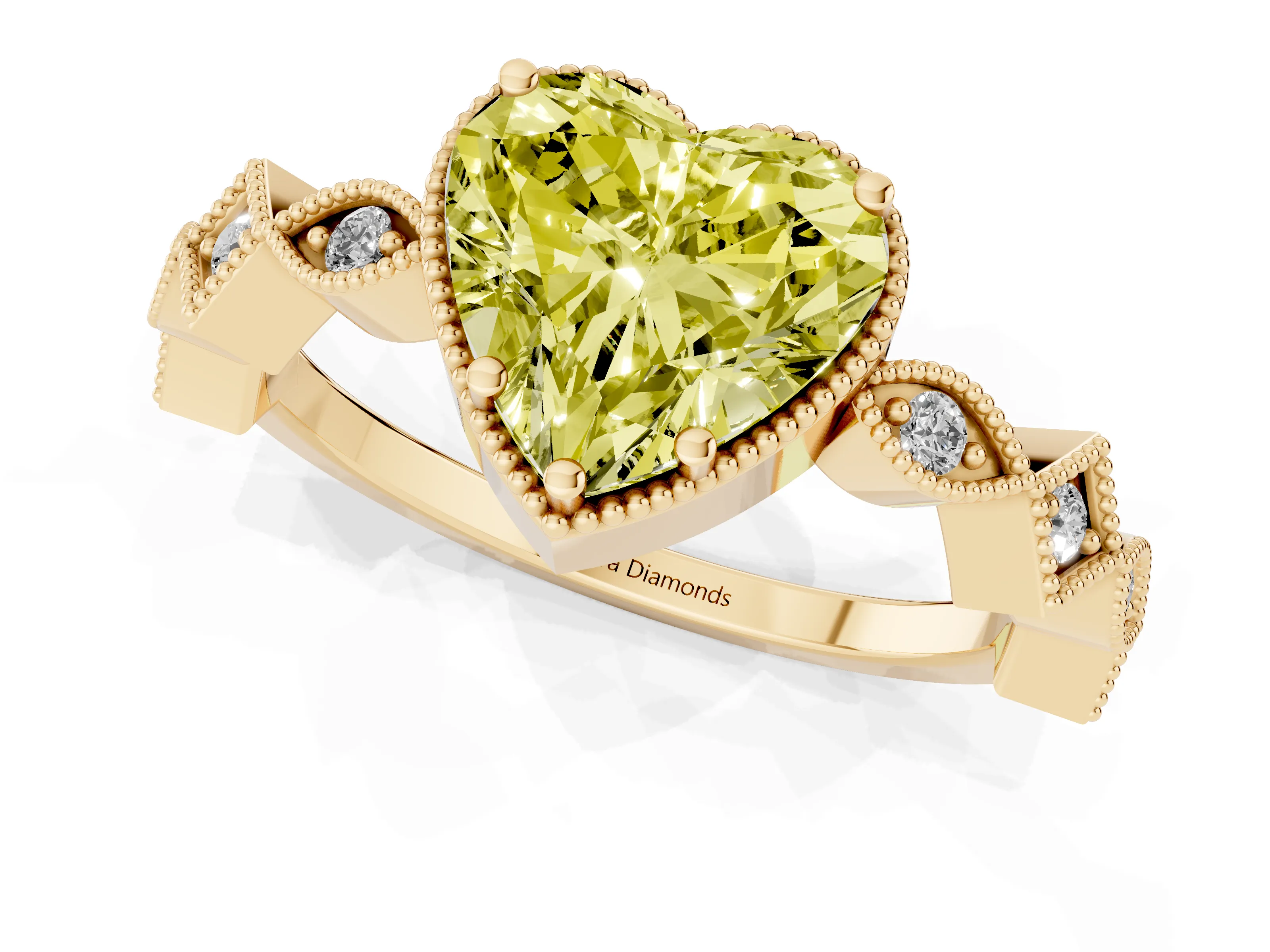 Fancy Yellow Heart Cut Diamond Milgrain Marquise Twist Band Ring Set in Yellow gold with Prong Setting