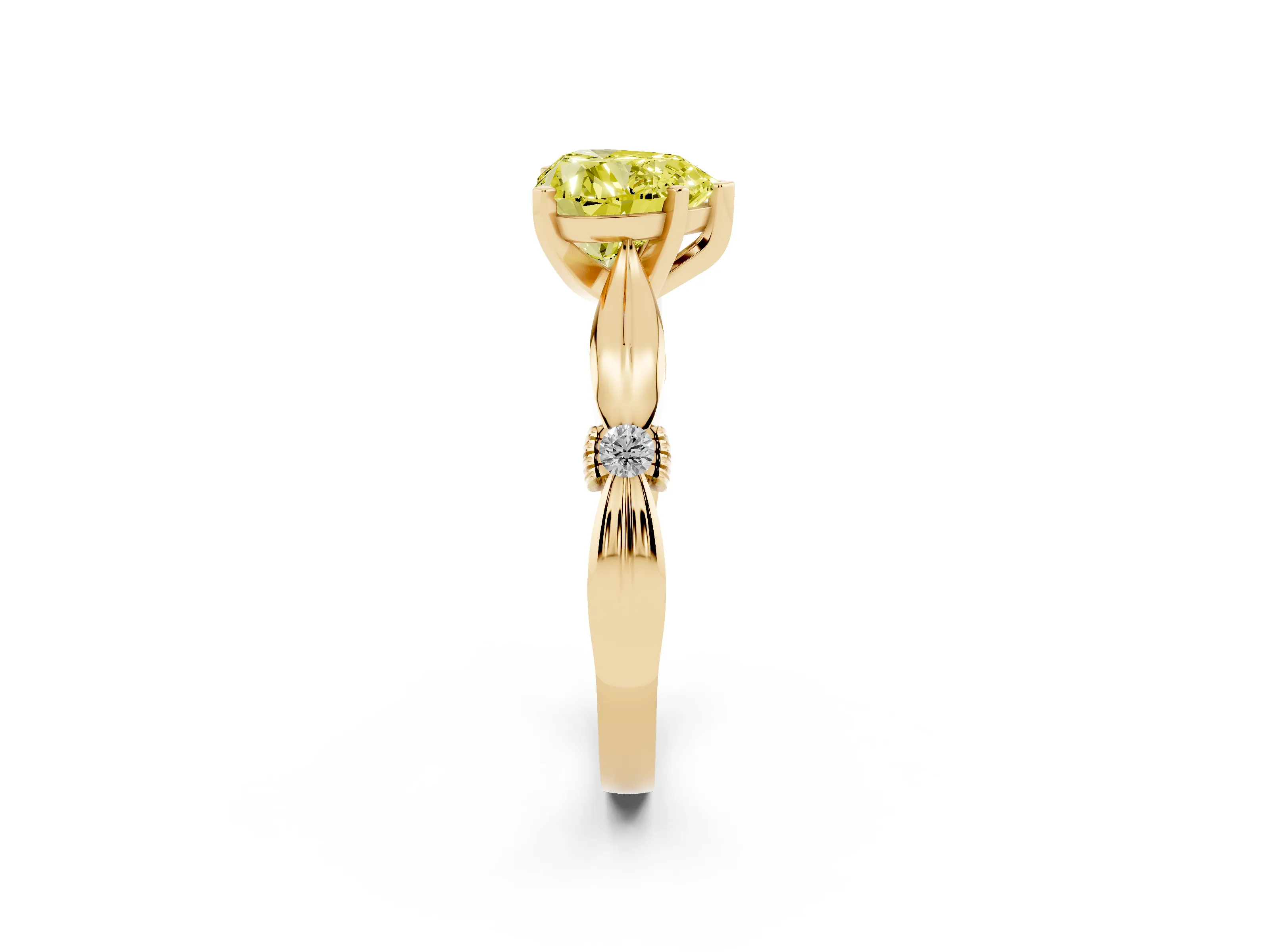 Fancy Yellow Heart Cut Diamond Solitaire Twisted Band Ring Set in Yellow gold with Accent Stones and Prong Setting