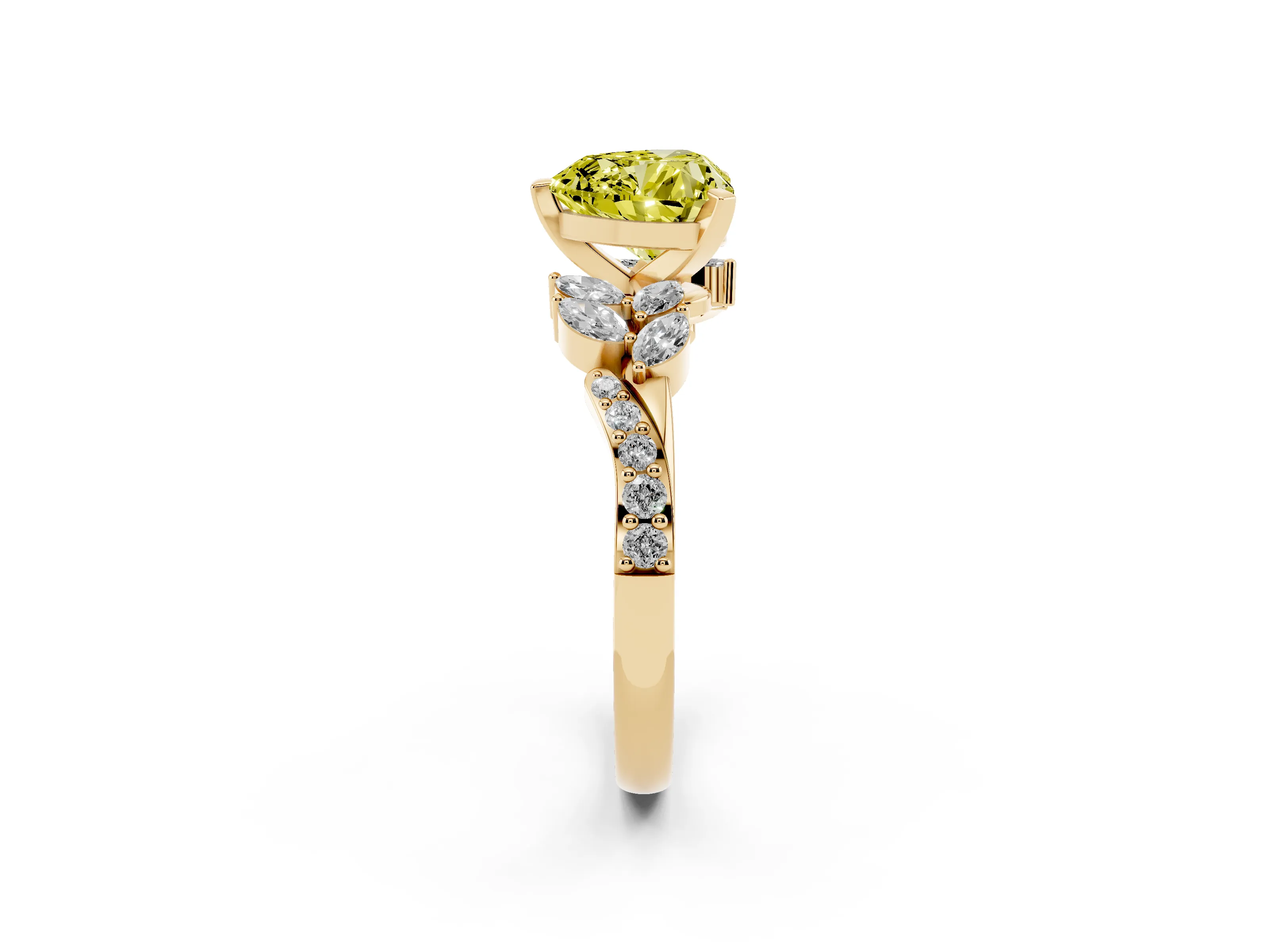 Fancy Yellow Heart Cut Diamond Solitaire Ring Set in Yellow gold with Marquise Twist Band and Prong Setting