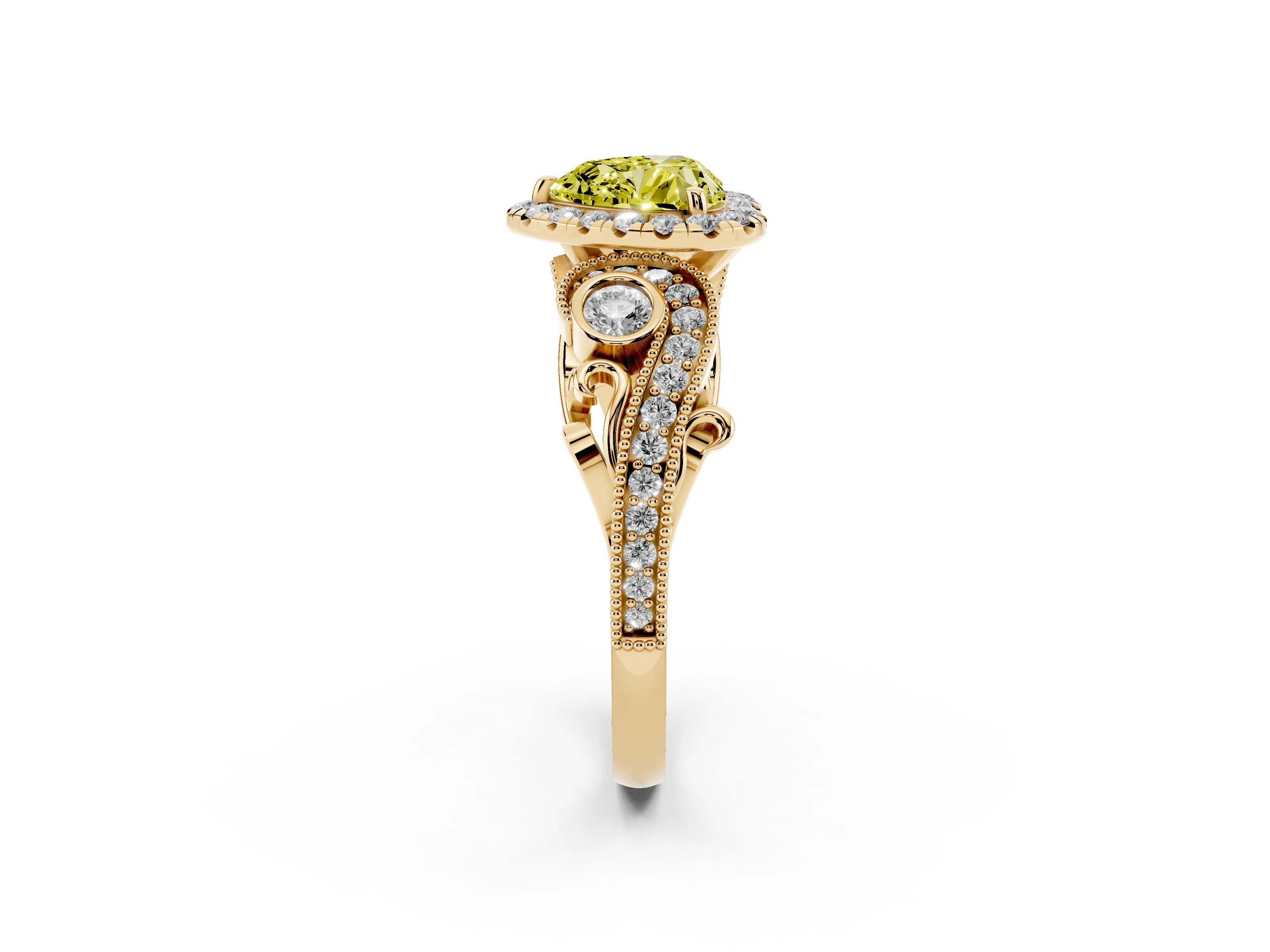 Fancy Yellow Heart Cut Diamond Halo Ring Set in Yellow gold with Milgrain Pavé Band and Prong Setting