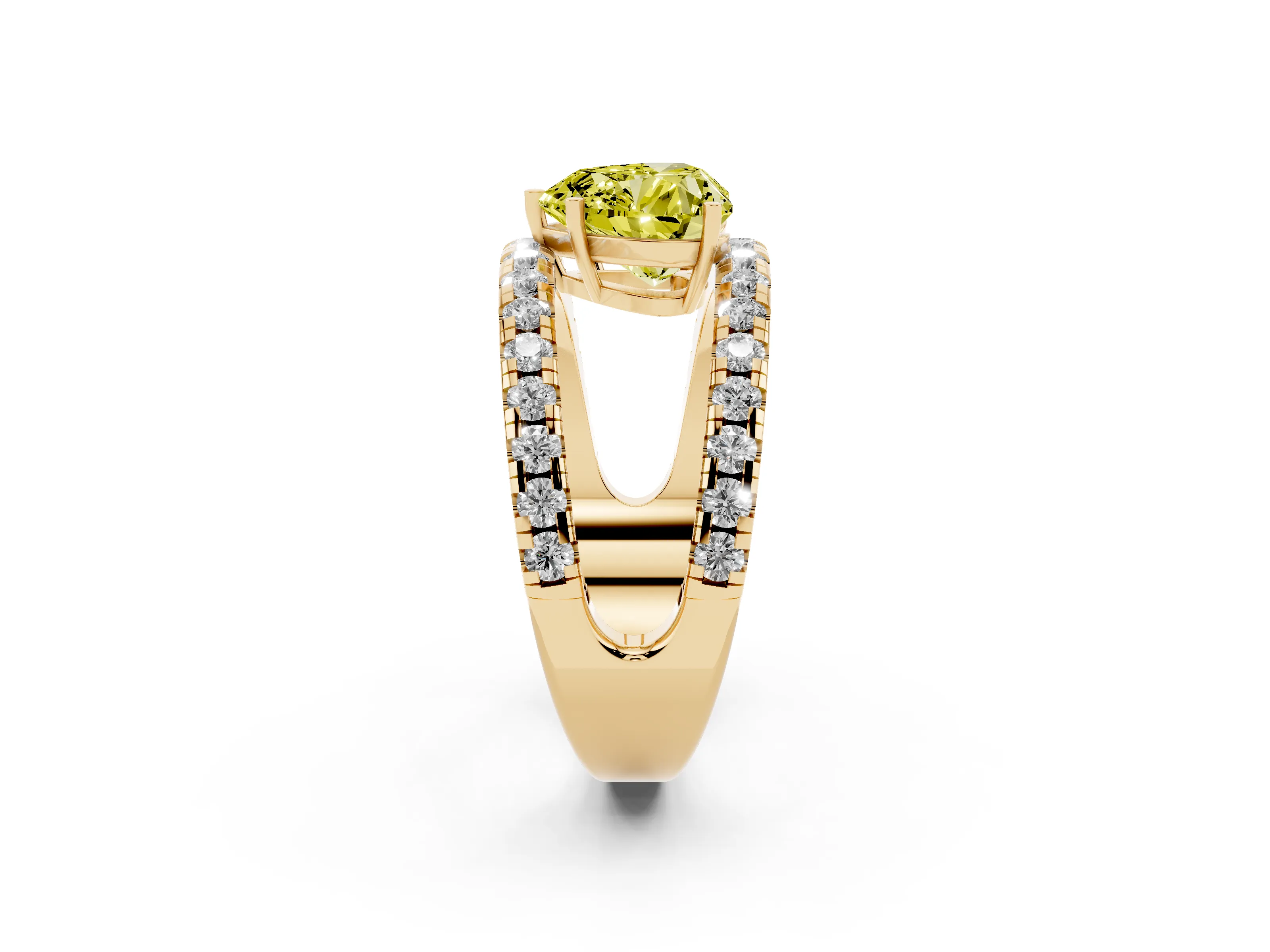 Fancy Yellow Heart Cut Diamond Split Shank Pavé Solitaire Ring Set in Yellow gold with Open Shank Design