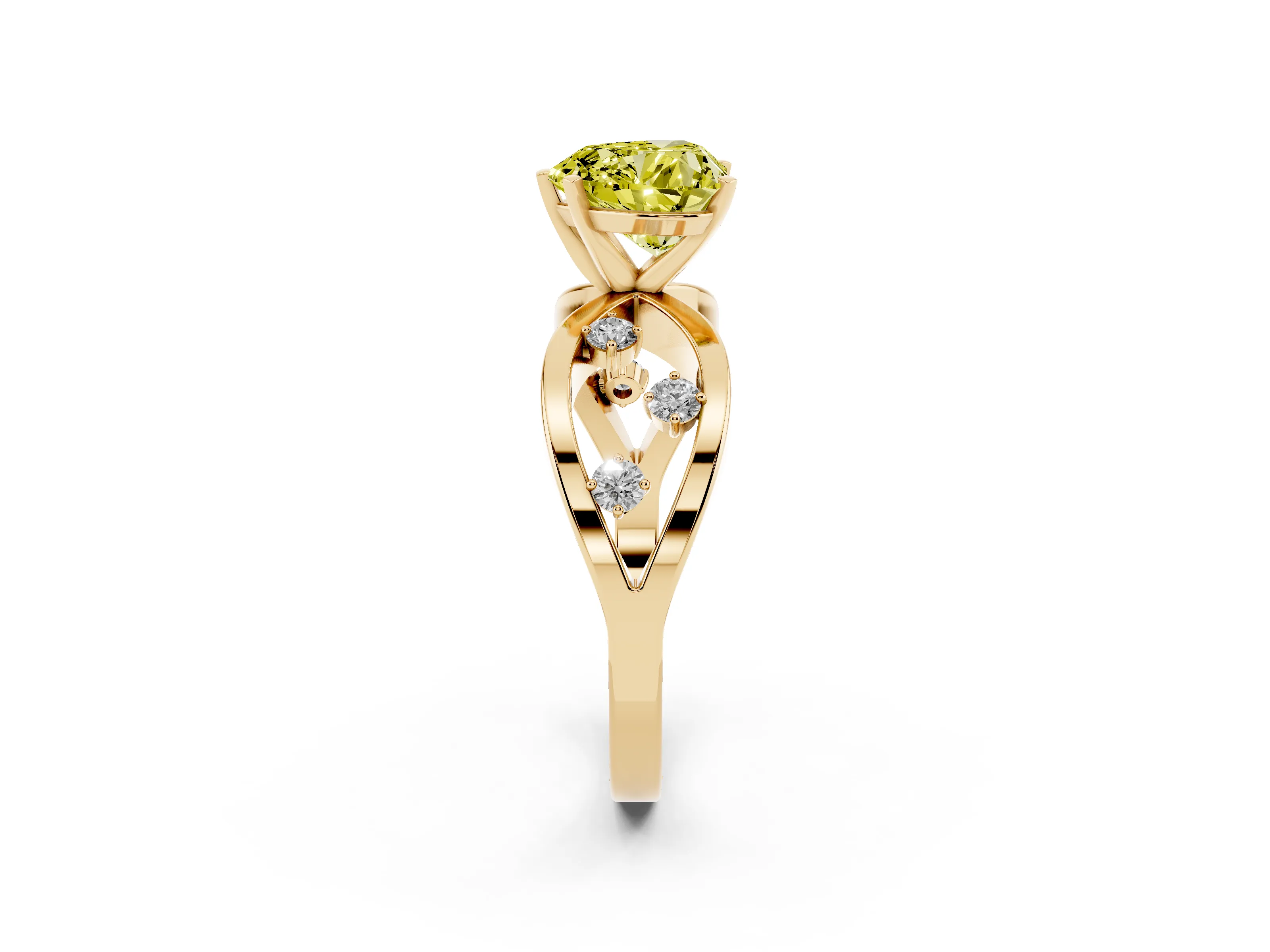 Fancy Yellow Heart Cut Diamond Solitaire Ring Set in Yellow gold with Side Stones on Criss-Cross Band and Prong Setting