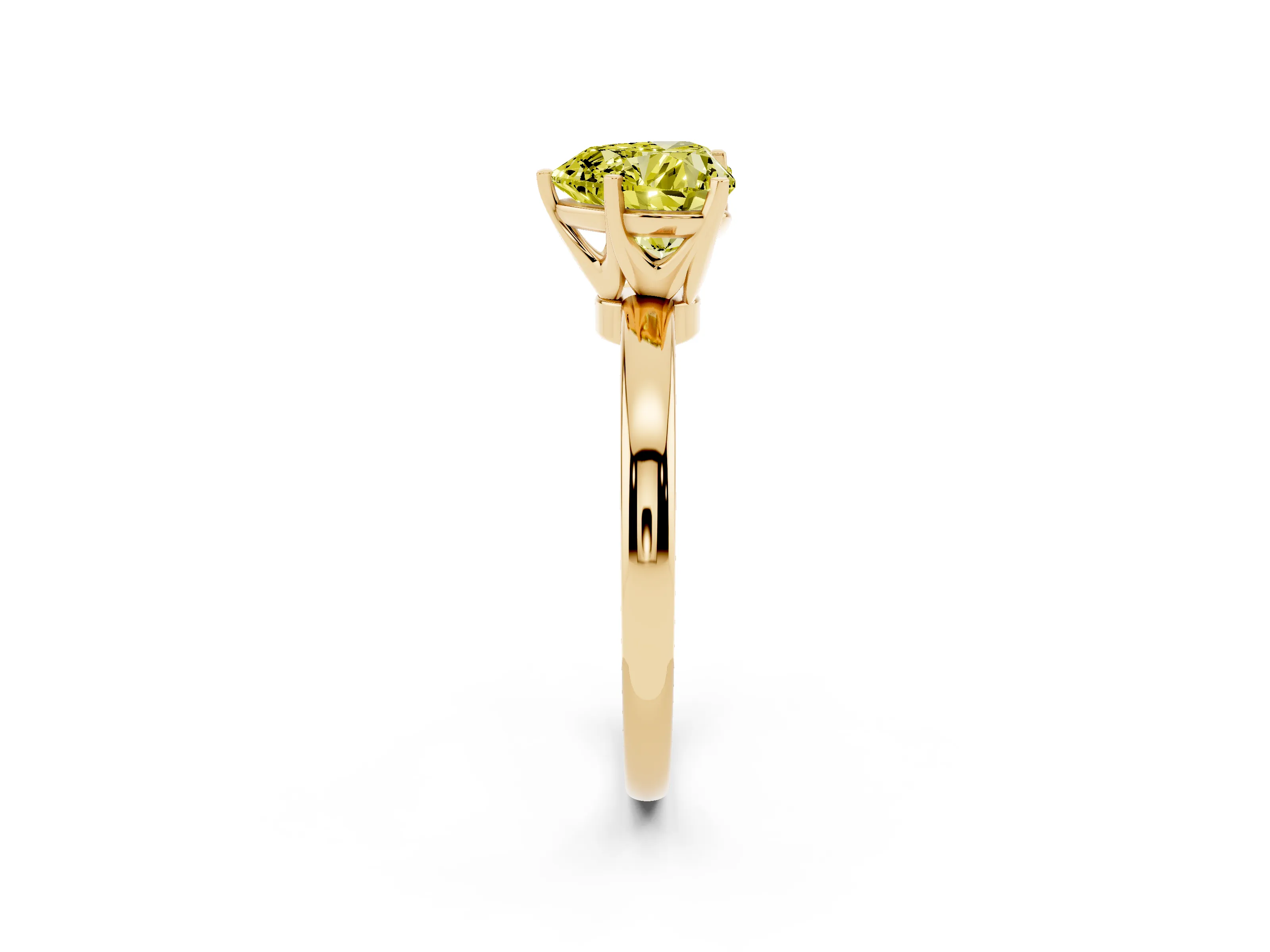 Fancy Yellow Heart Cut Diamond Solitaire Ring Set in Yellow gold with Raised Prong Setting on a Classic Band