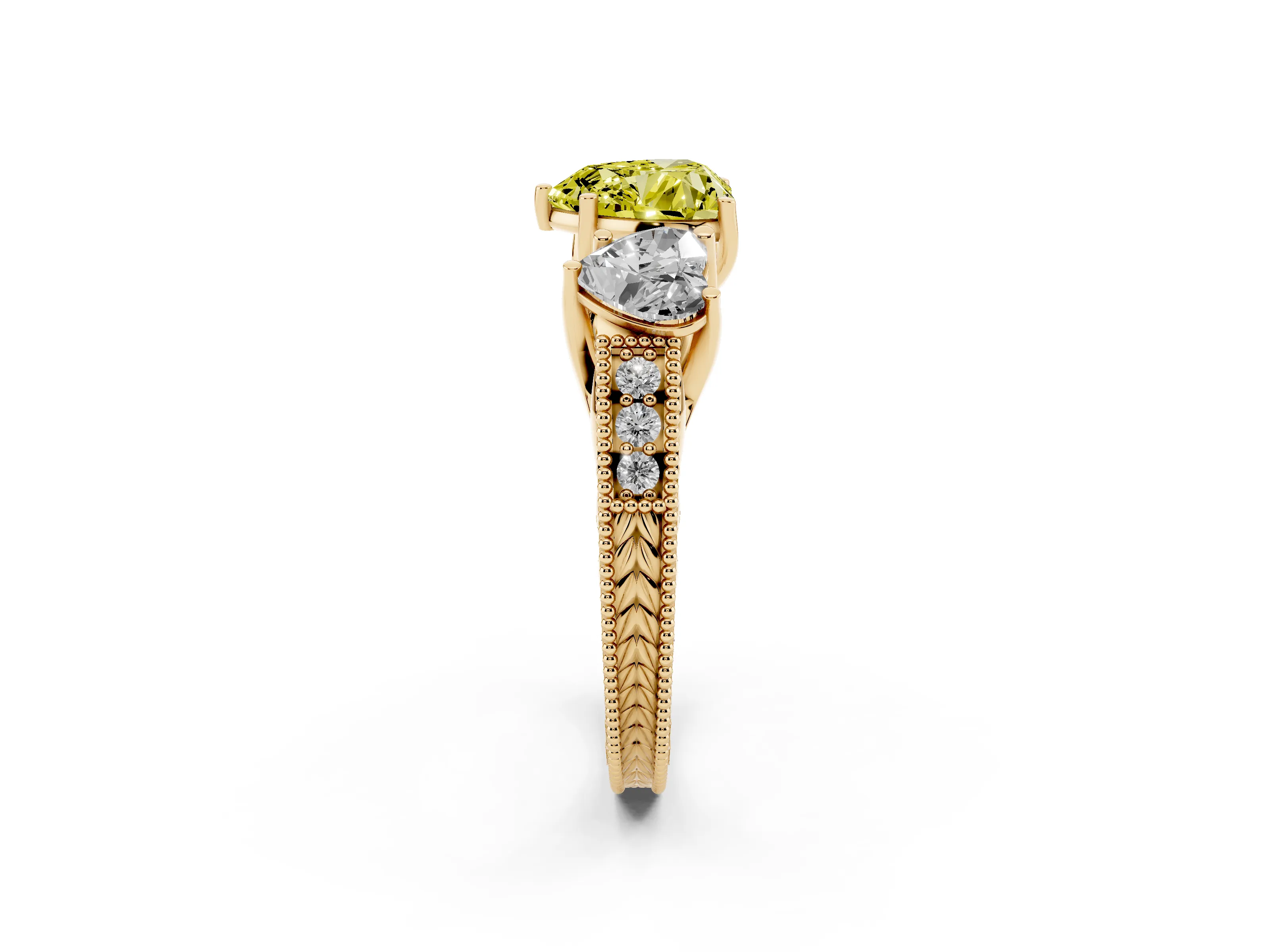 Fancy Yellow Heart Cut Diamond Three-Stone Engagement Ring Set in Yellow gold with Milgrain Pavé Band