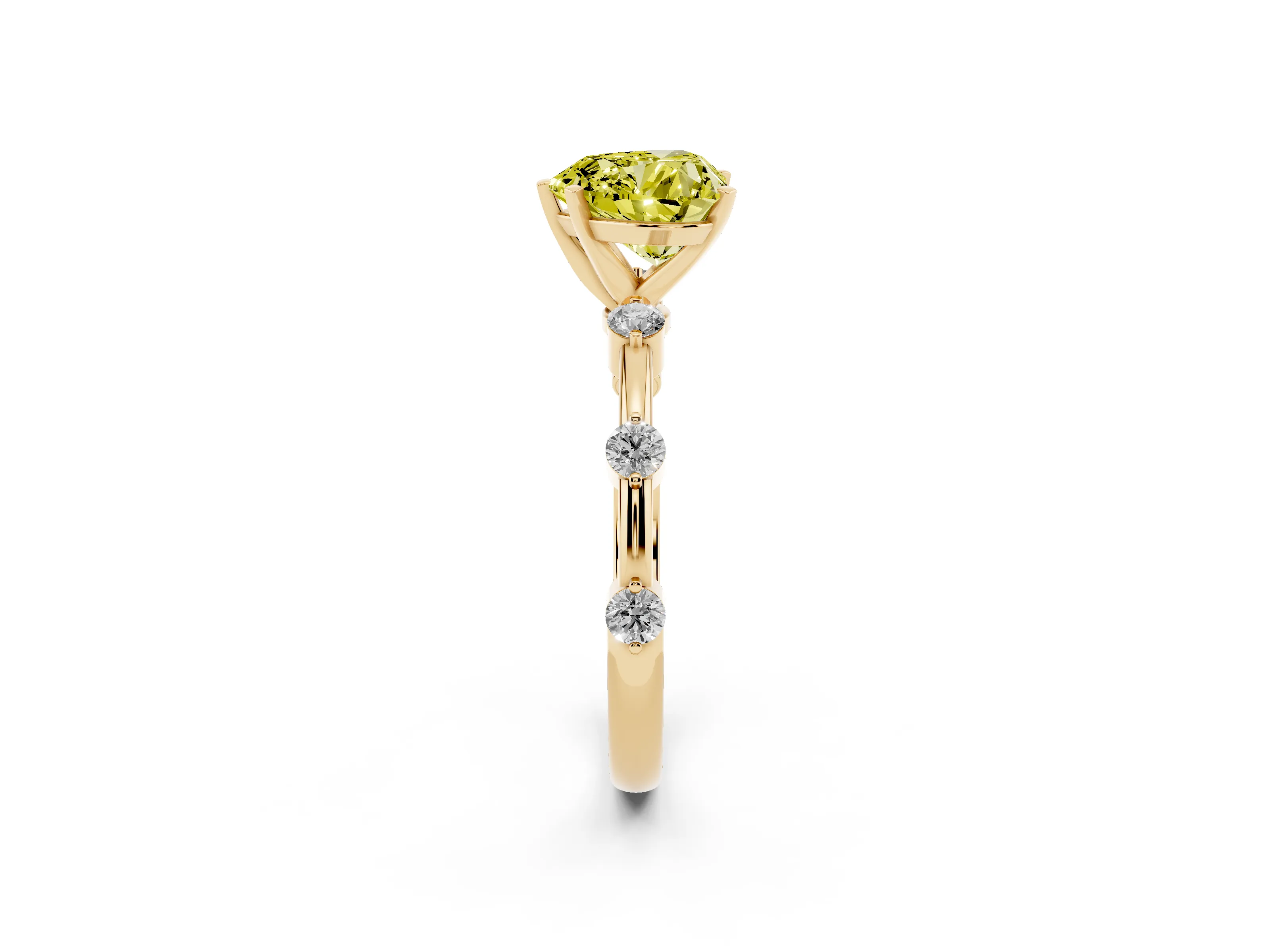 Fancy Yellow Heart Cut Diamond Solitaire Ring Set in Yellow gold with Bezel Set Side Stones and Prong Setting