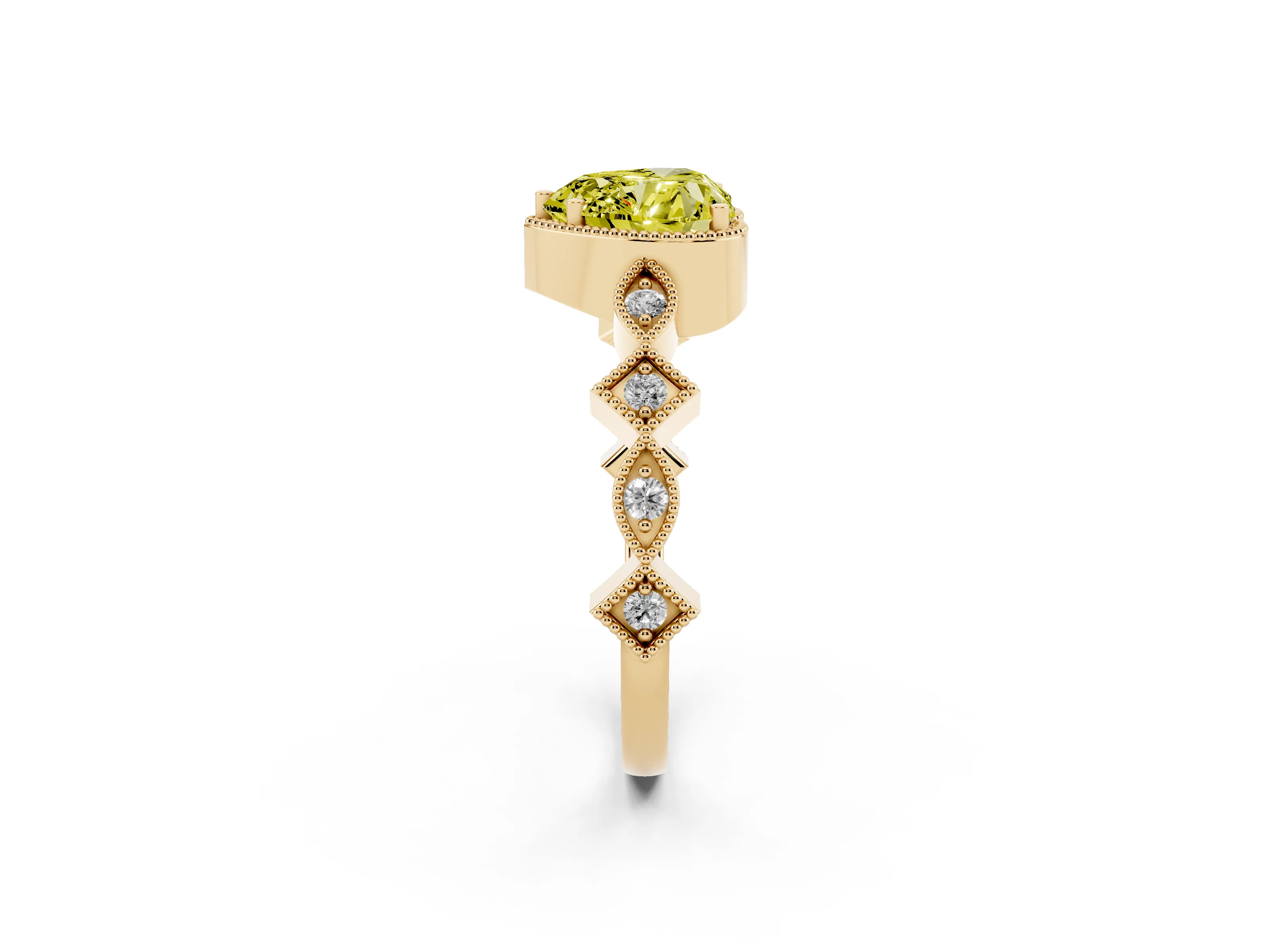Fancy Yellow Heart Cut Diamond Milgrain Marquise Twist Band Ring Set in Yellow gold with Prong Setting
