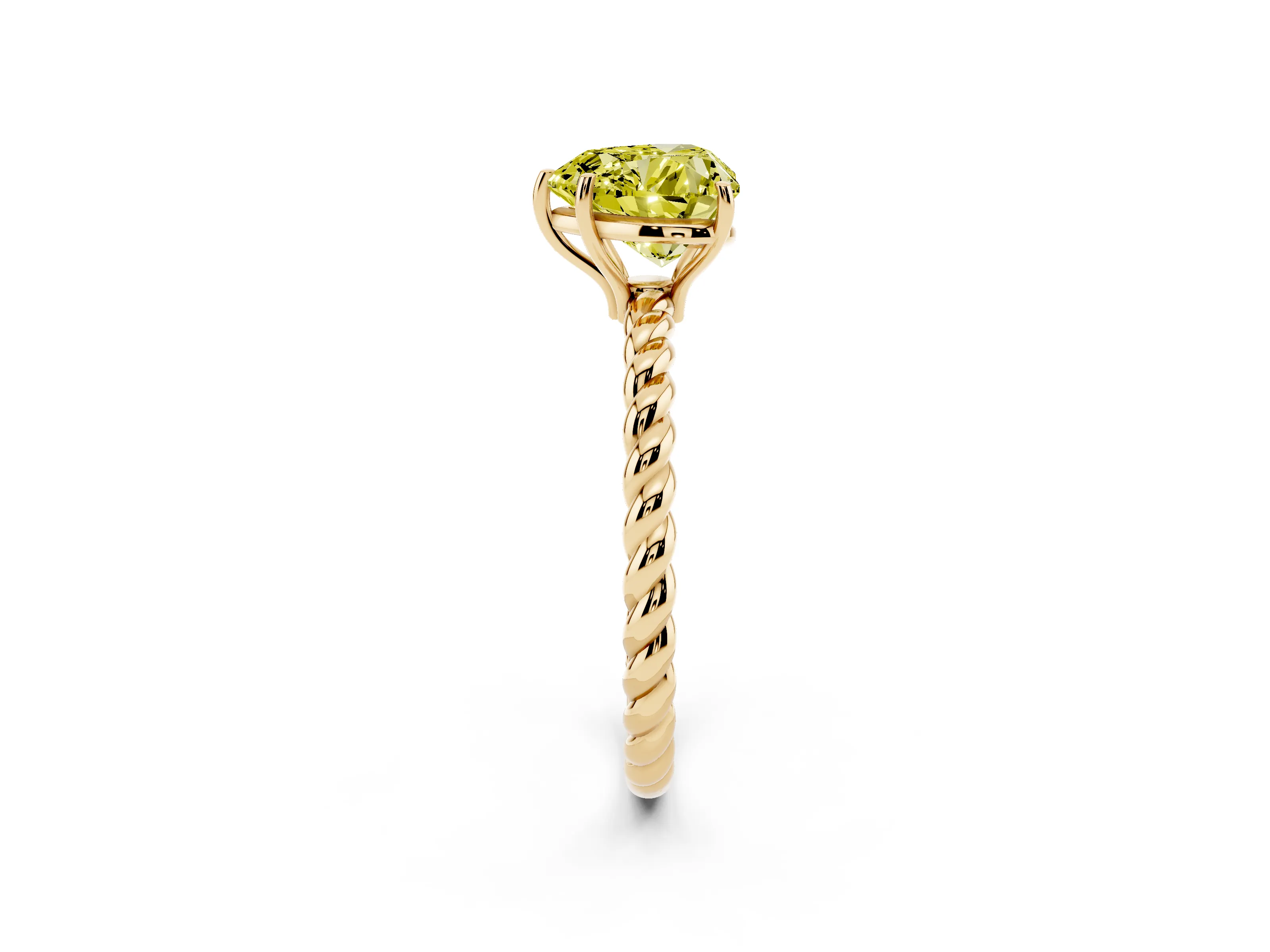Fancy Yellow Heart Cut Diamond Solitaire Ring Set in Yellow gold with Twist Band and Prong Setting