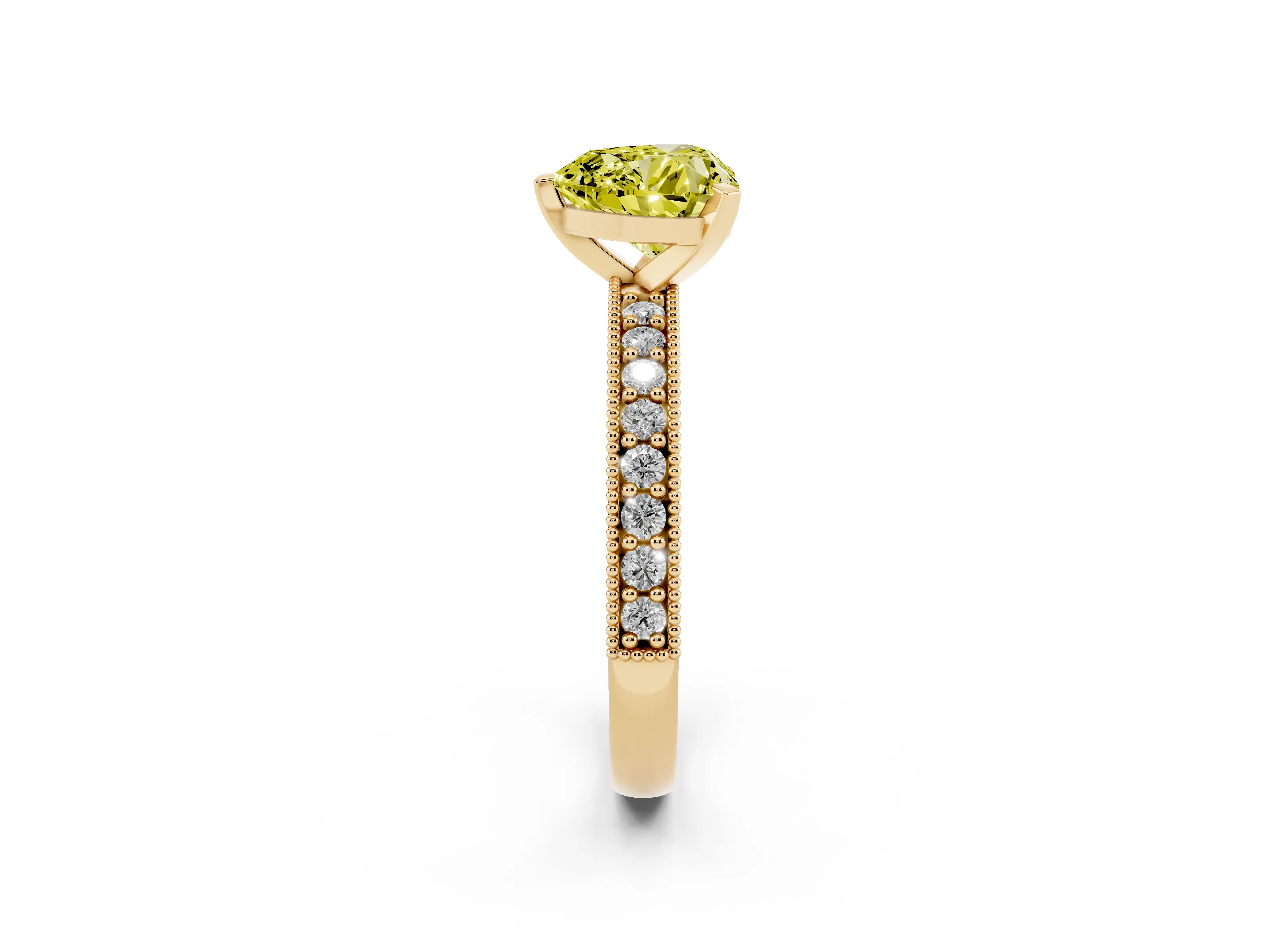 Fancy Yellow Heart Cut Diamond Milgrain Pavé Engagement Ring Set in Yellow gold with Prong Setting