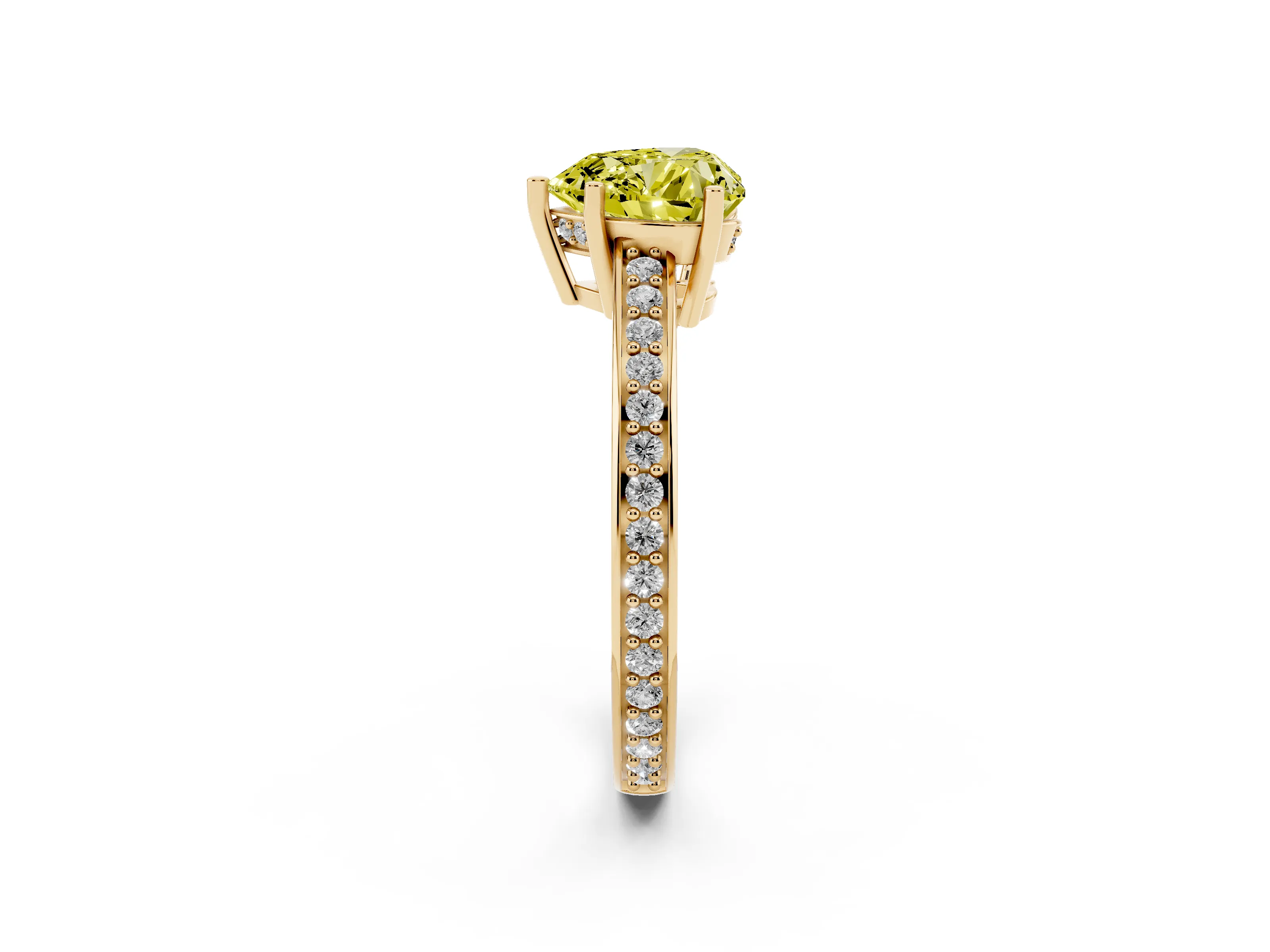 Fancy Yellow Heart Cut Diamond Pavé Band Prong Set Solitaire Ring Set in Yellow gold