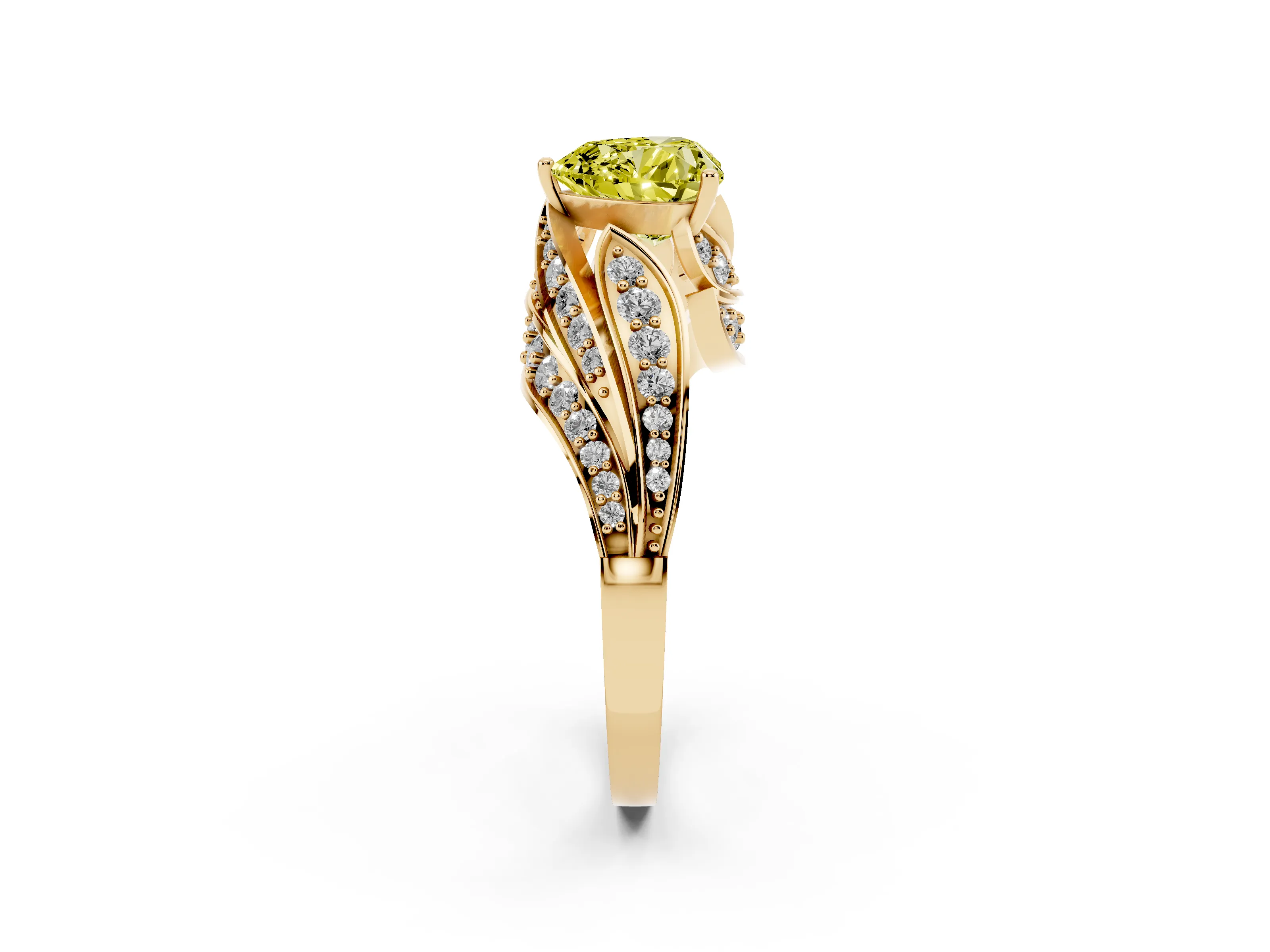 Fancy Yellow Heart Cut Diamond Solitaire Ring Set in Yellow gold with Layered Twist Pavé Band