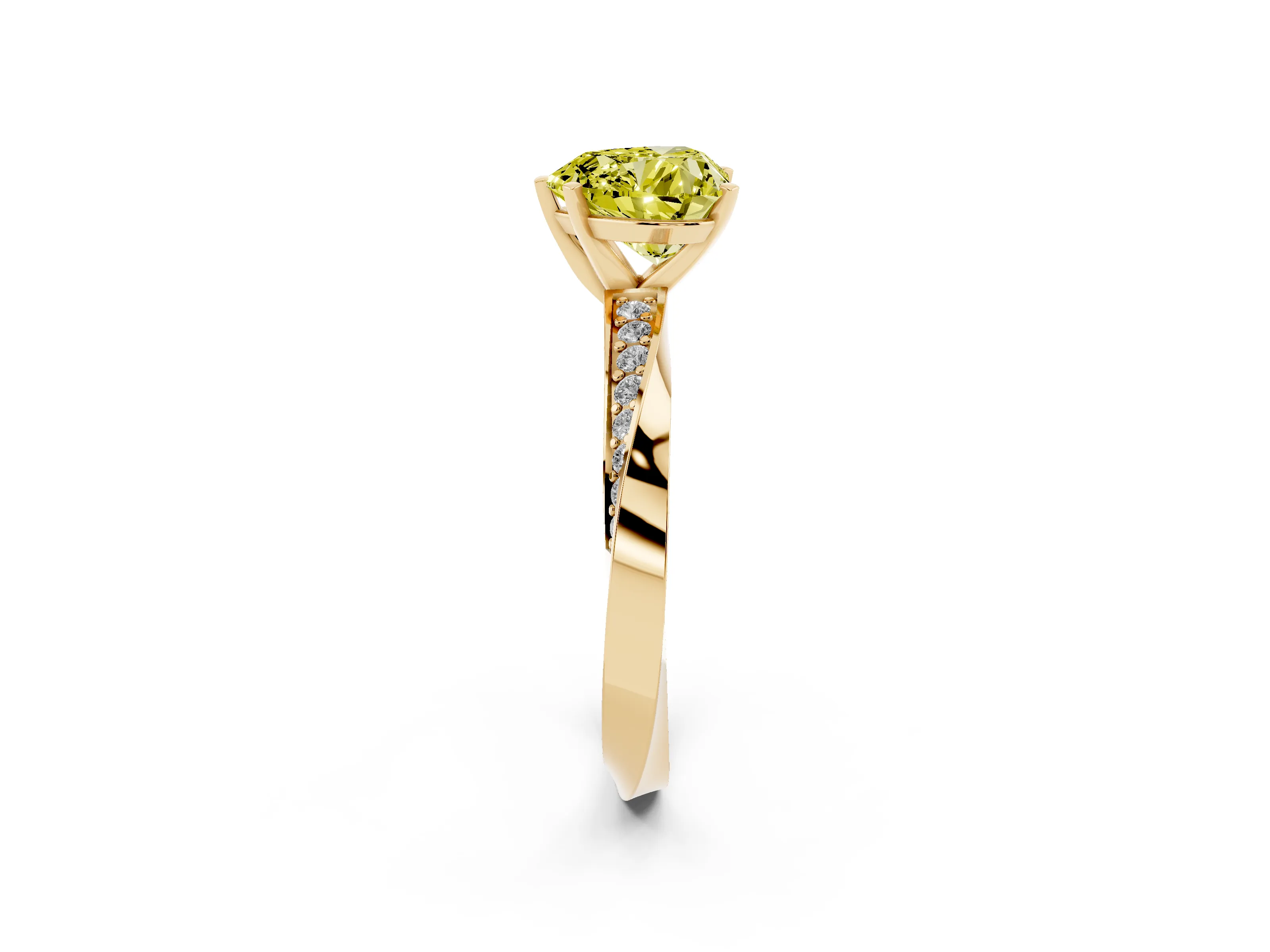 Fancy Yellow Heart Cut Diamond Engagement Ring Set in Yellow gold with Side Stone Accents and Prong Setting