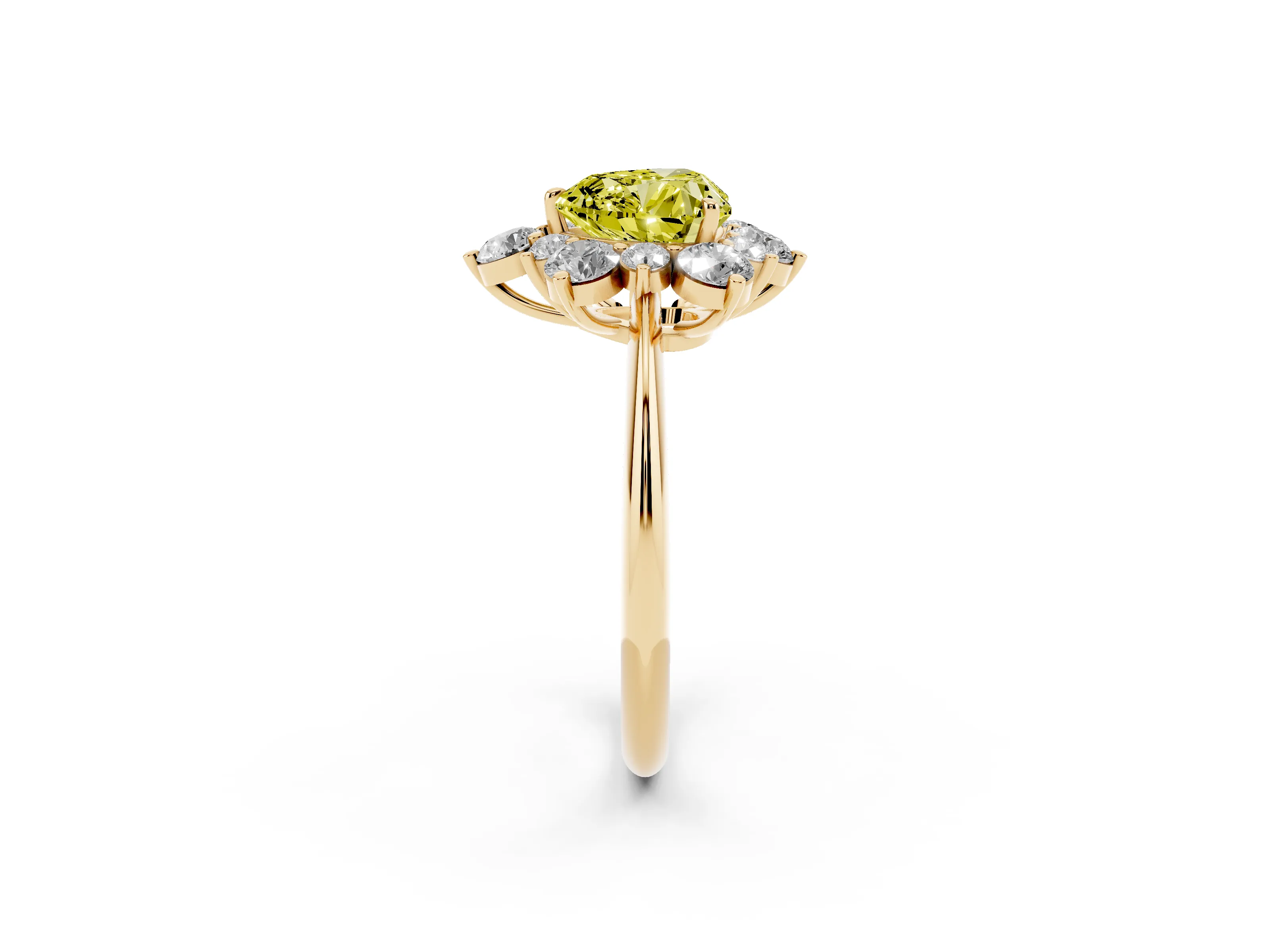 Fancy Yellow Heart Cut Diamond Cluster Halo Ring Set in Yellow gold with Solitaire Band and Prong Setting
