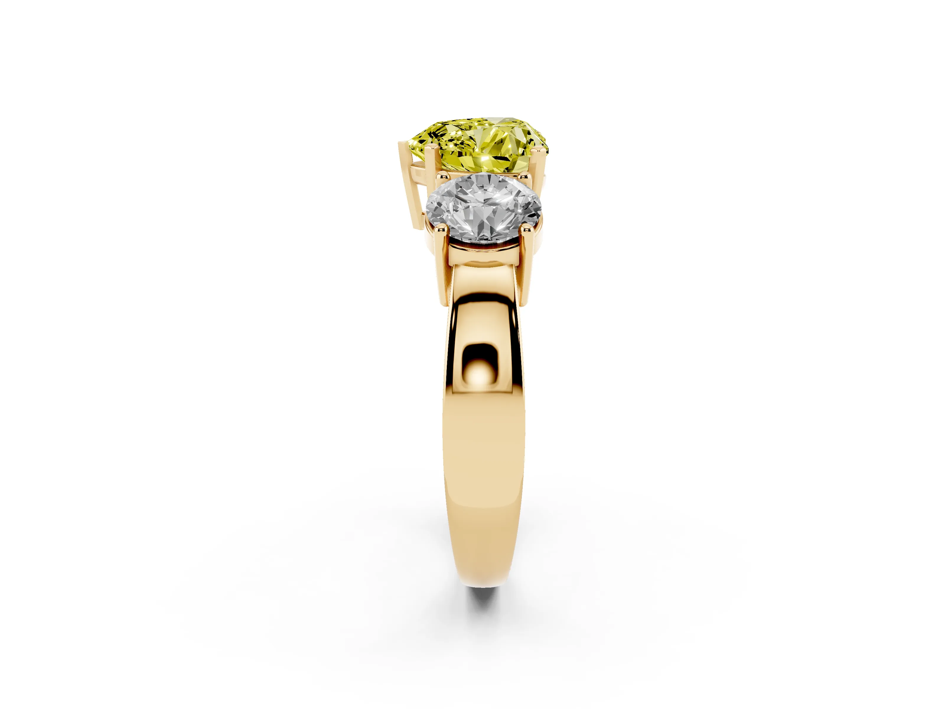 Fancy Yellow Heart Cut Diamond Three-Stone Ring Set in Yellow gold with Round Side Stones and Classic Band