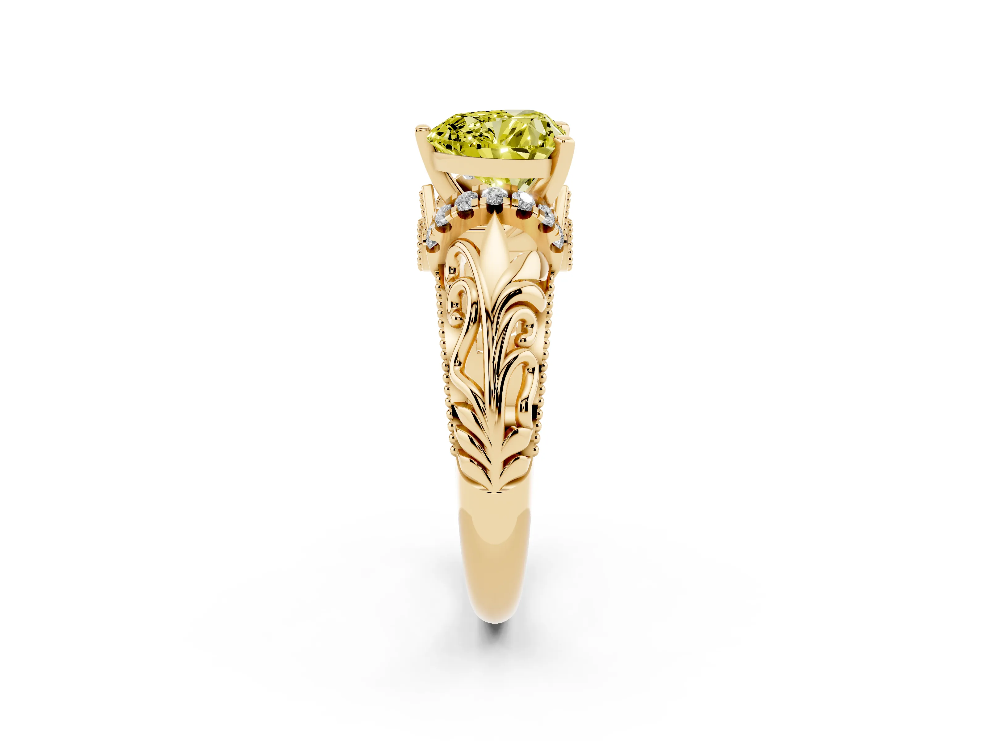 Fancy Yellow Heart Cut Diamond Filigree Halo Engagement Ring Set in Yellow gold with Prong Setting