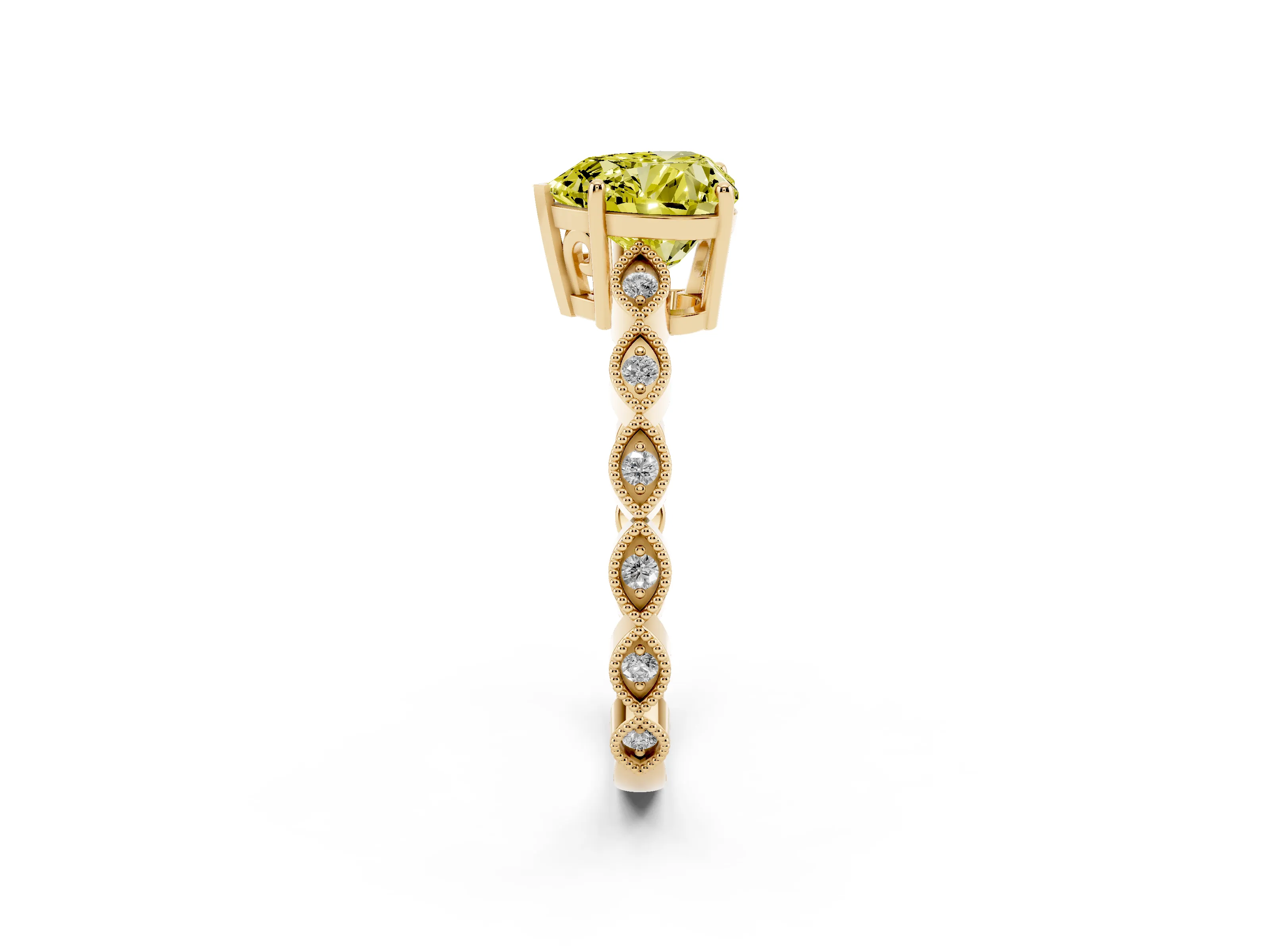 Fancy Yellow Heart Cut Diamond Solitaire Ring Set in Yellow gold with Infinity Twist Pavé Band