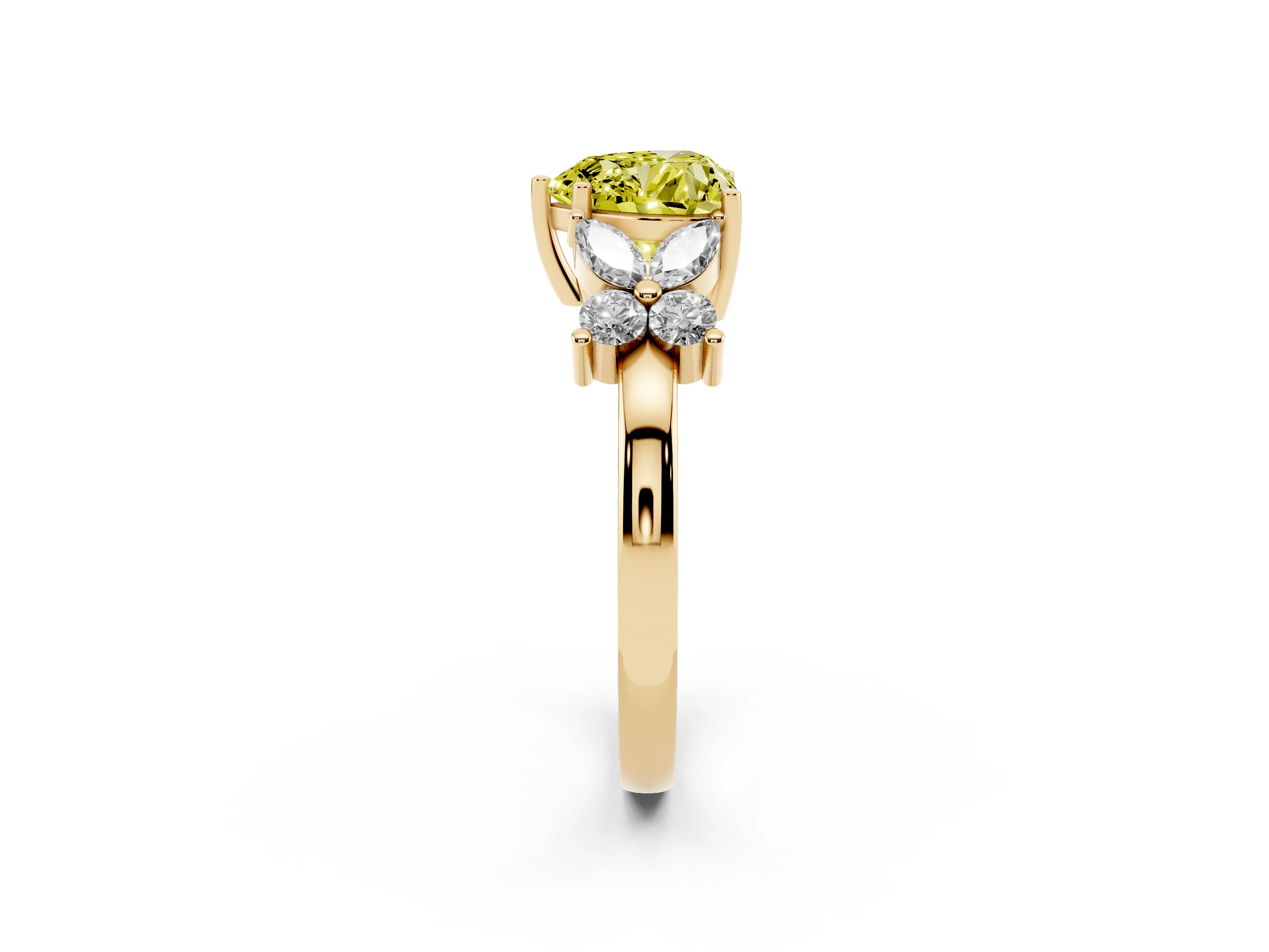 Fancy Yellow Heart Cut Diamond Floral Cluster Ring Set in Yellow gold with Marquise Petals and Prong Setting