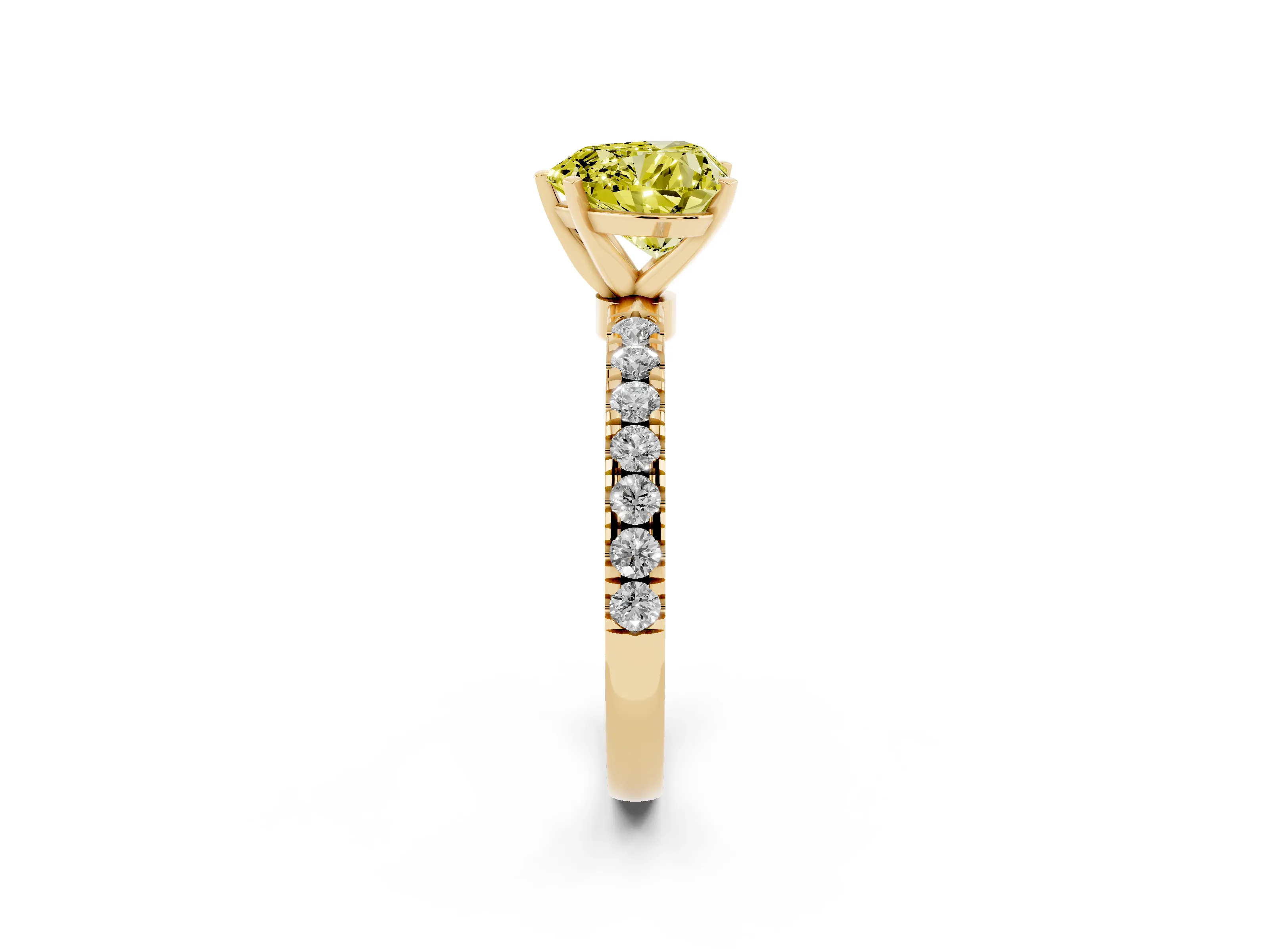 Fancy Yellow Heart Cut Diamond Solitaire Ring Set in Yellow gold with Pavé Accents and Prong Setting