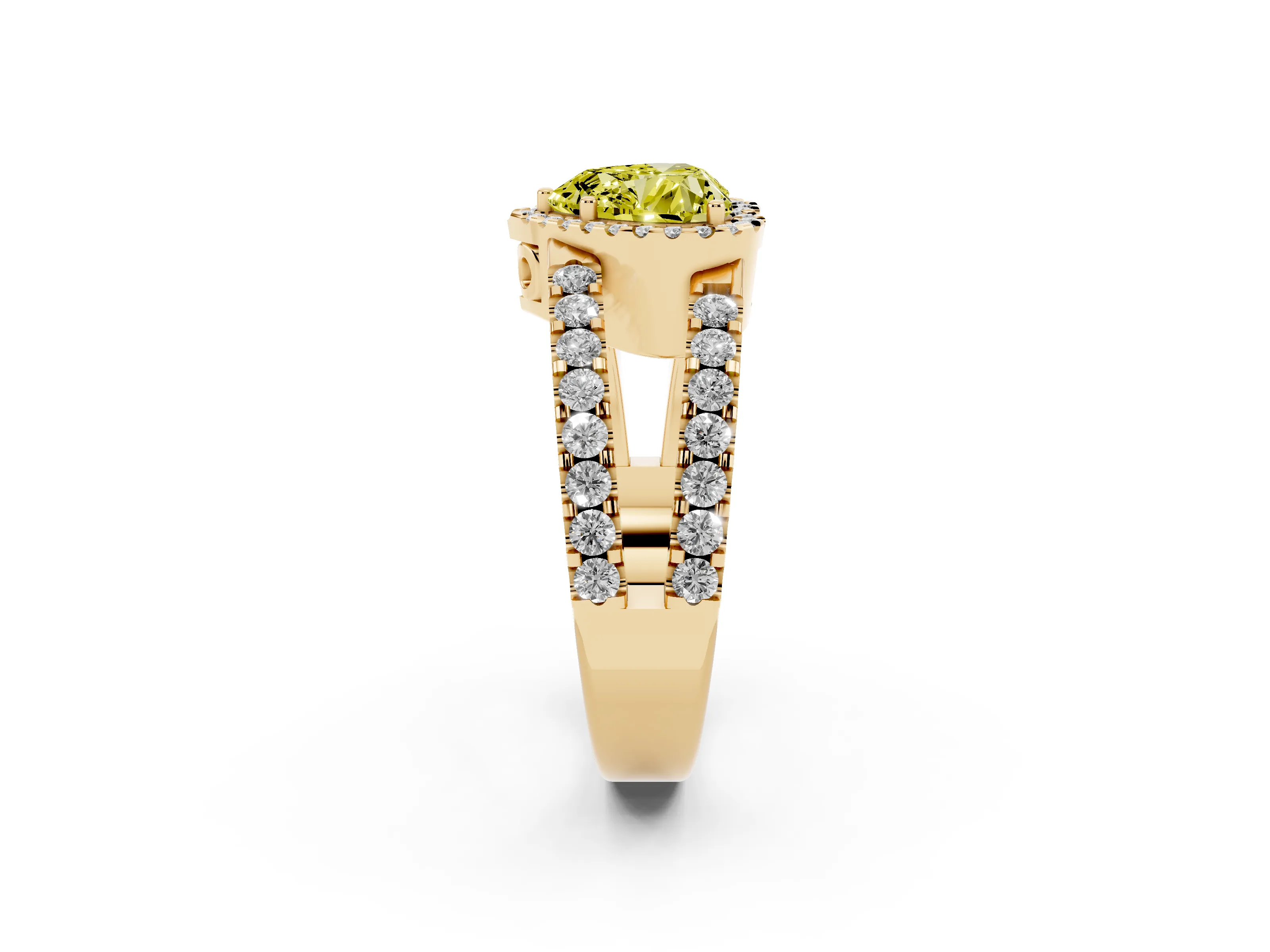 Fancy Yellow Heart Cut Diamond Halo Ring Set in Yellow gold with Pavé Split Shank and Prong Setting
