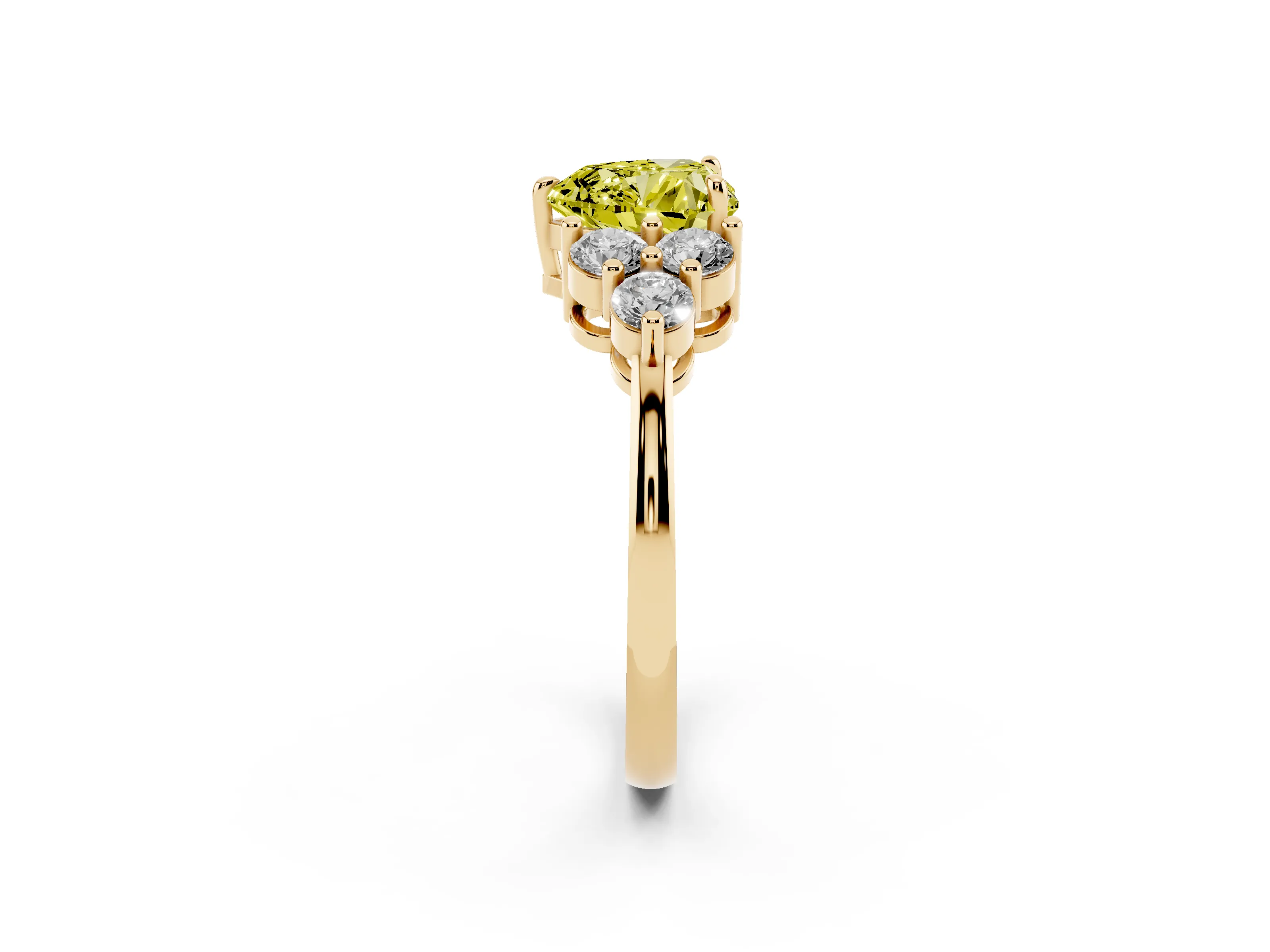 Fancy Yellow Heart Cut Diamond Solitaire Ring Set in Yellow gold with Cluster Accents on Each Side
