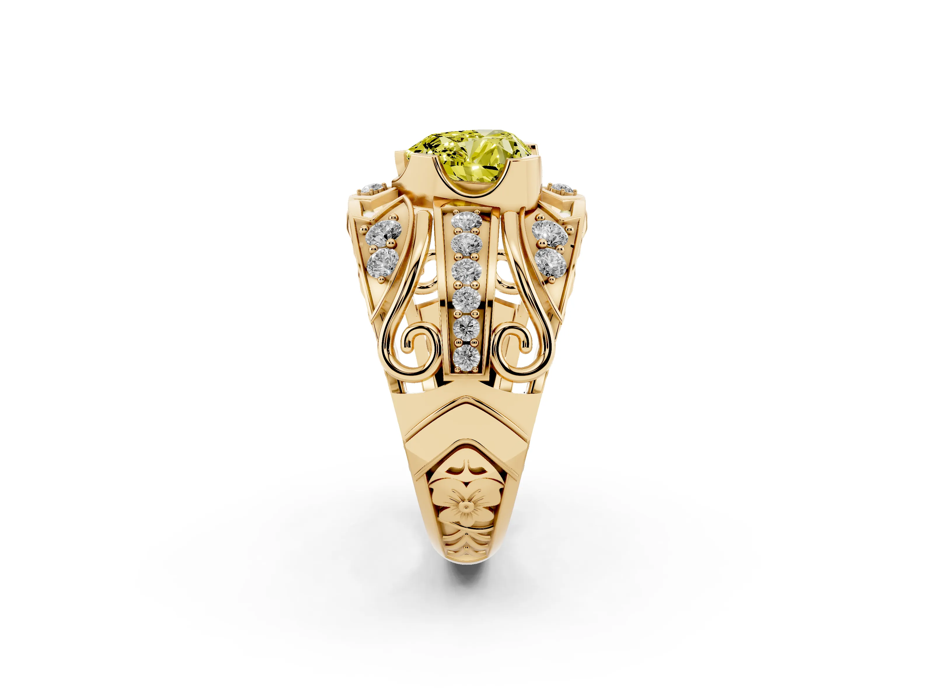 Fancy Yellow Heart Cut Diamond Art Deco Ring Set in Yellow gold with Pavé Split Shank